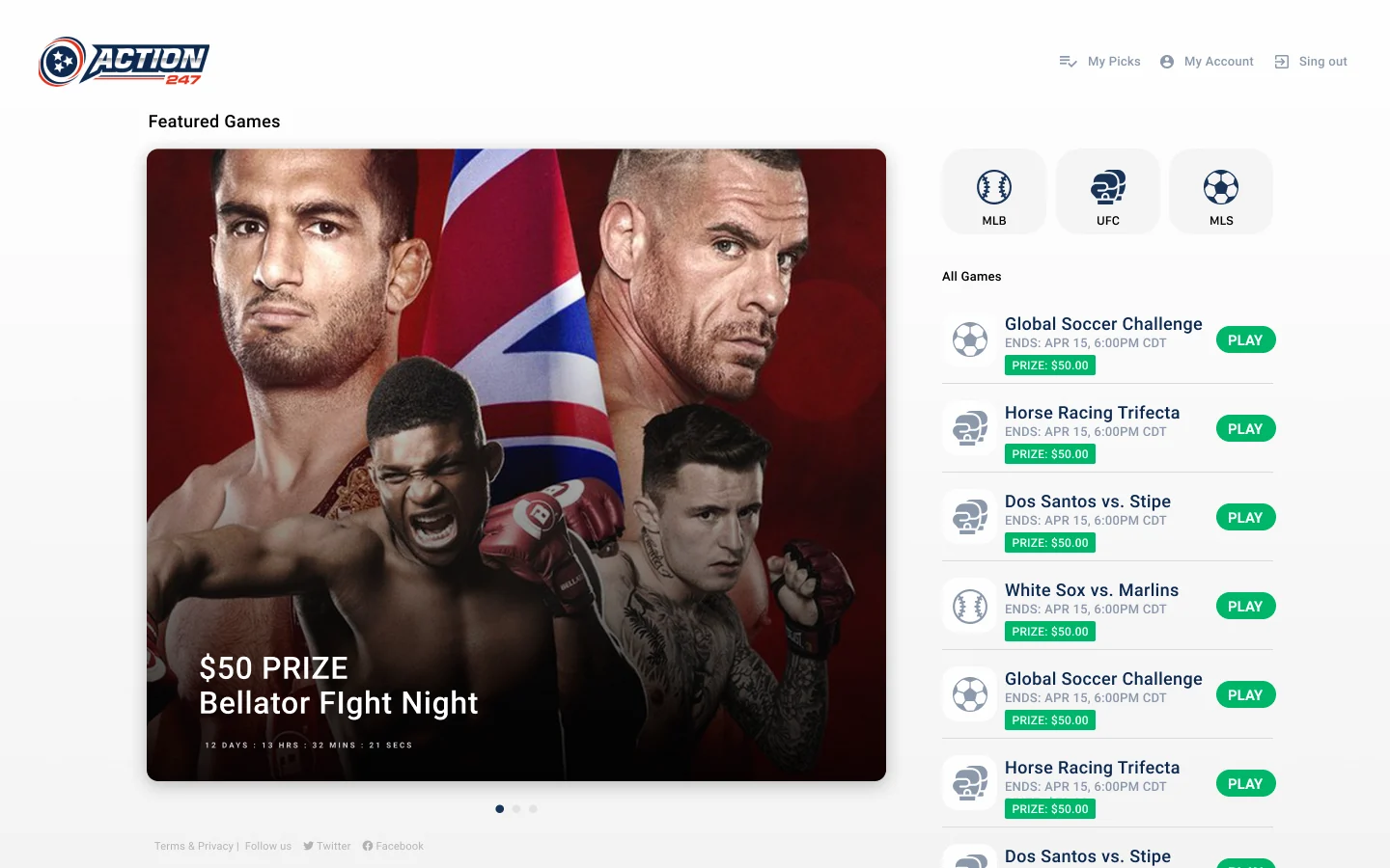 Action247 on desktop: the featured contest on the left, the games list on the right