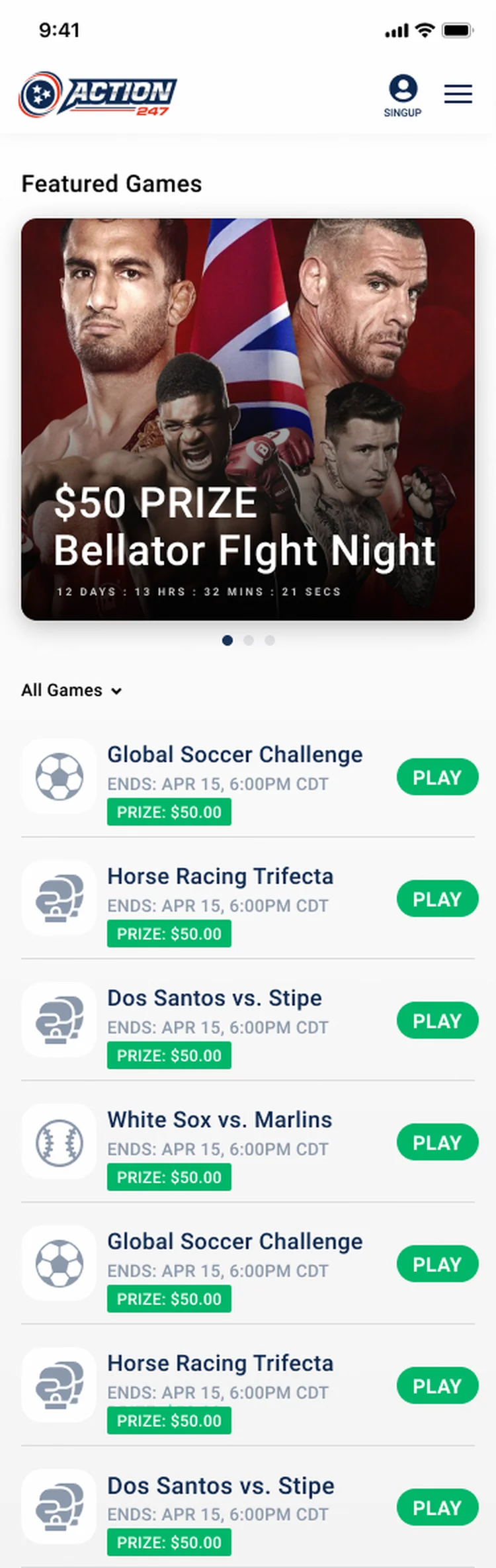 Action247 lobby on mobile: featured contest and the games list