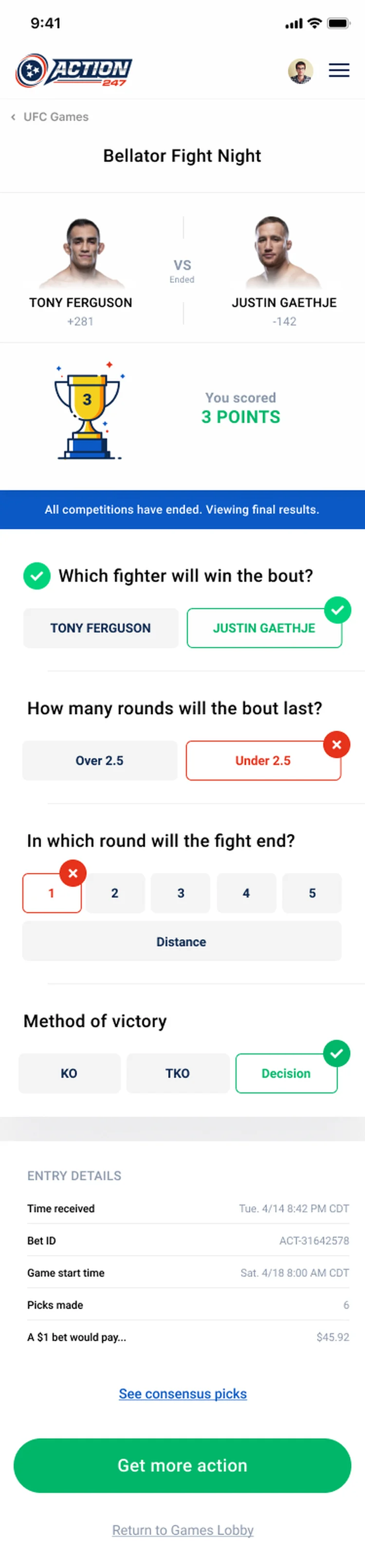 Action247 results screen: correct picks in green, misses in red, points and a trophy