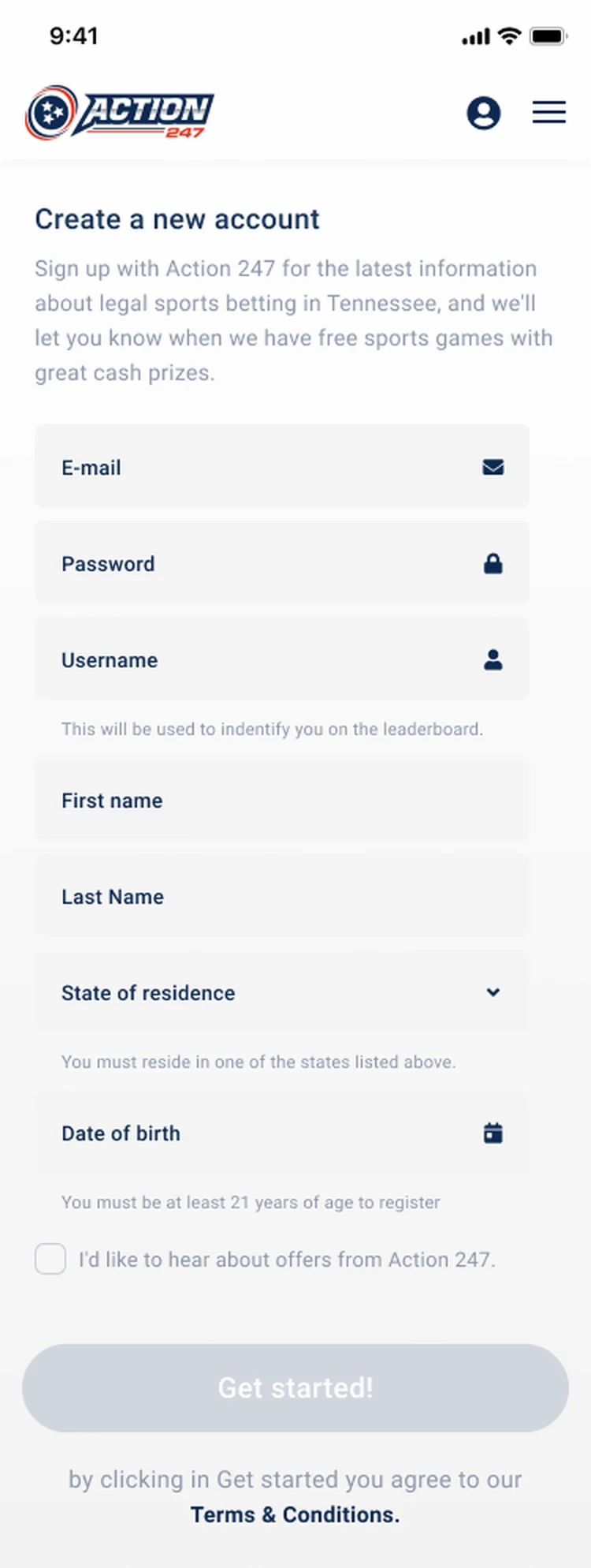 Action247 sign-up: email, password, state of residence (Tennessee) and date of birth