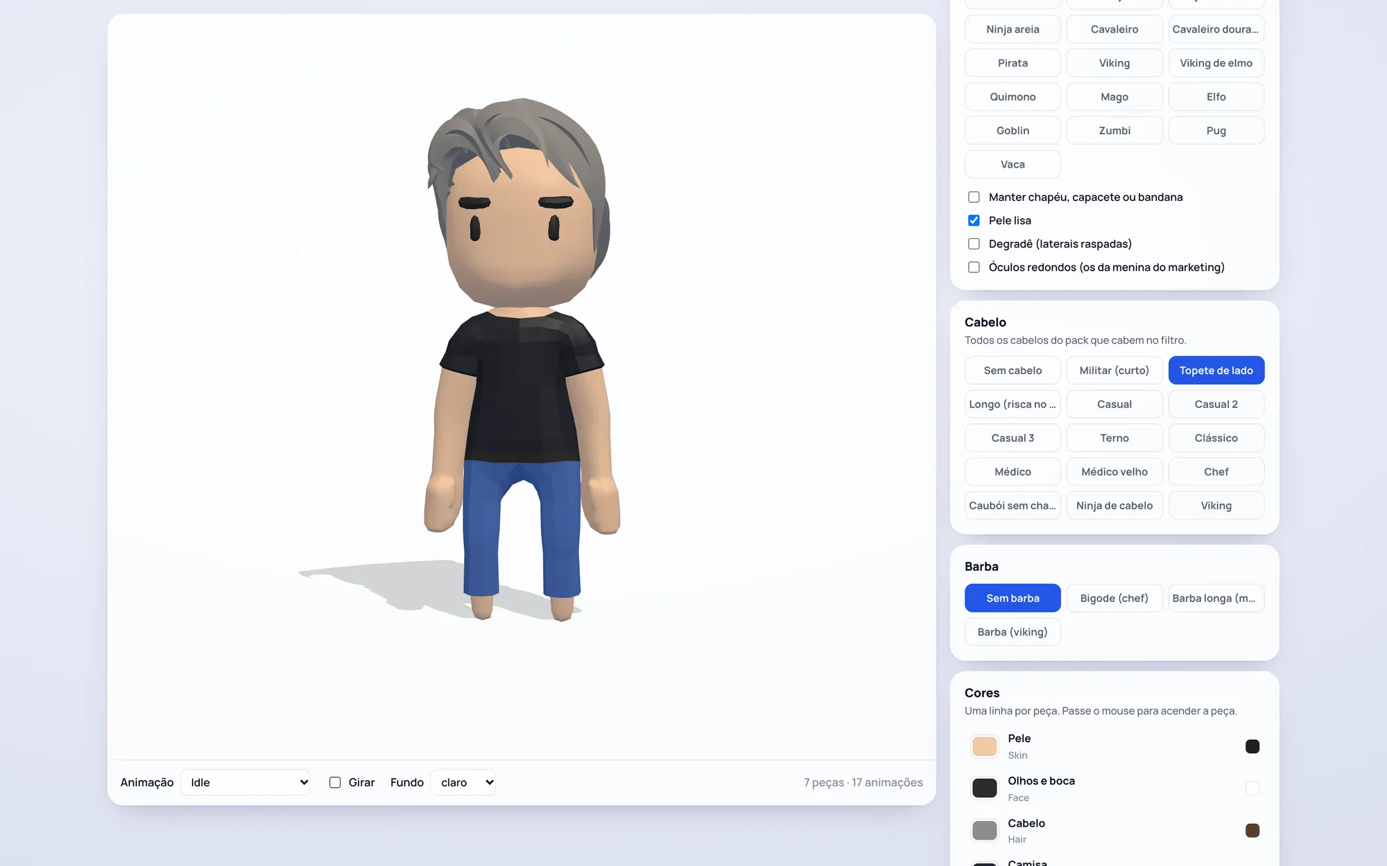 Character generator: body, hair, beard, hat and colors, producing the recipe used in the scene