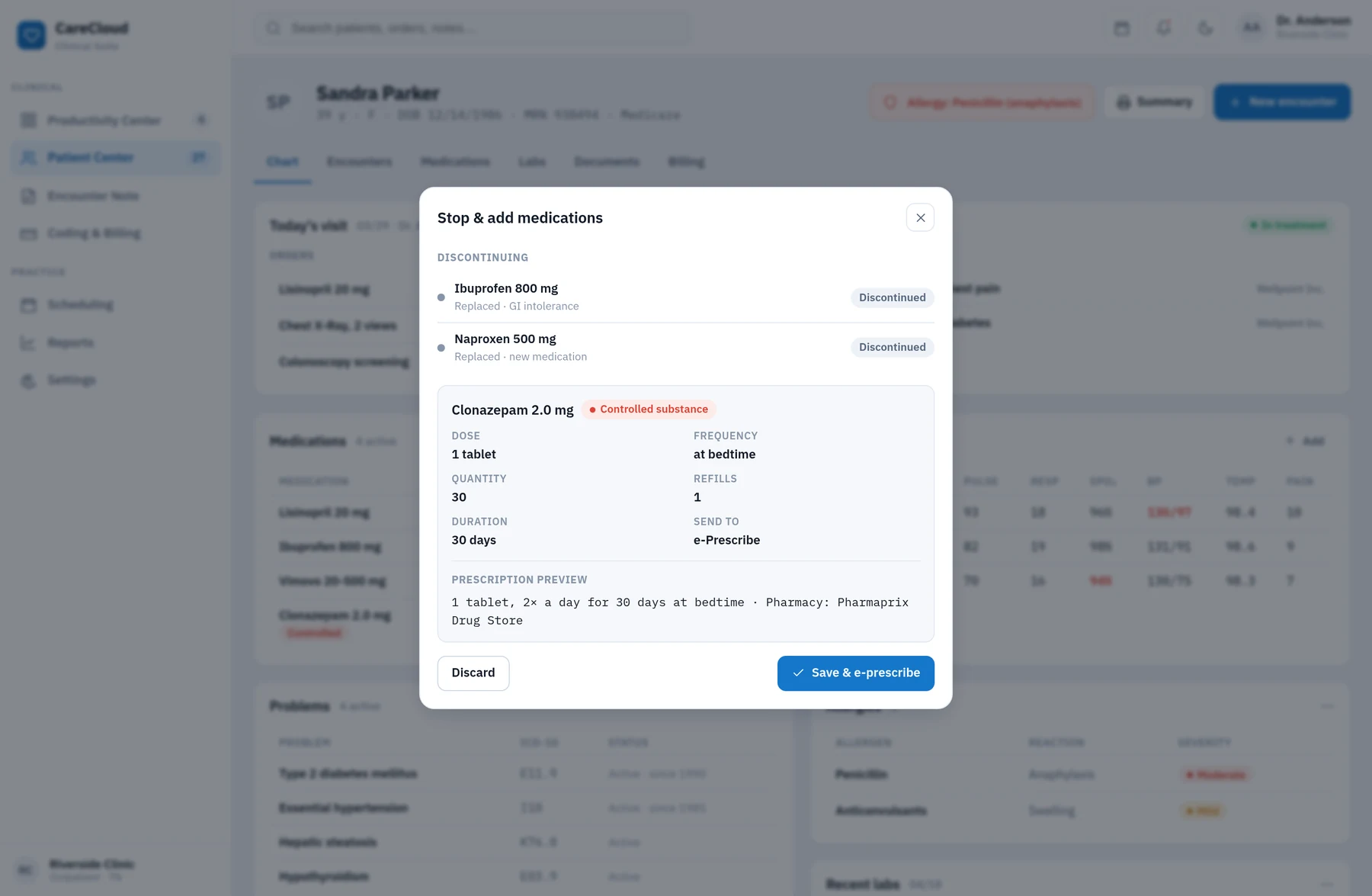 CareCloud: a stop-and-add medications modal over the chart, with two discontinued medications and a new one flagged as a controlled substance