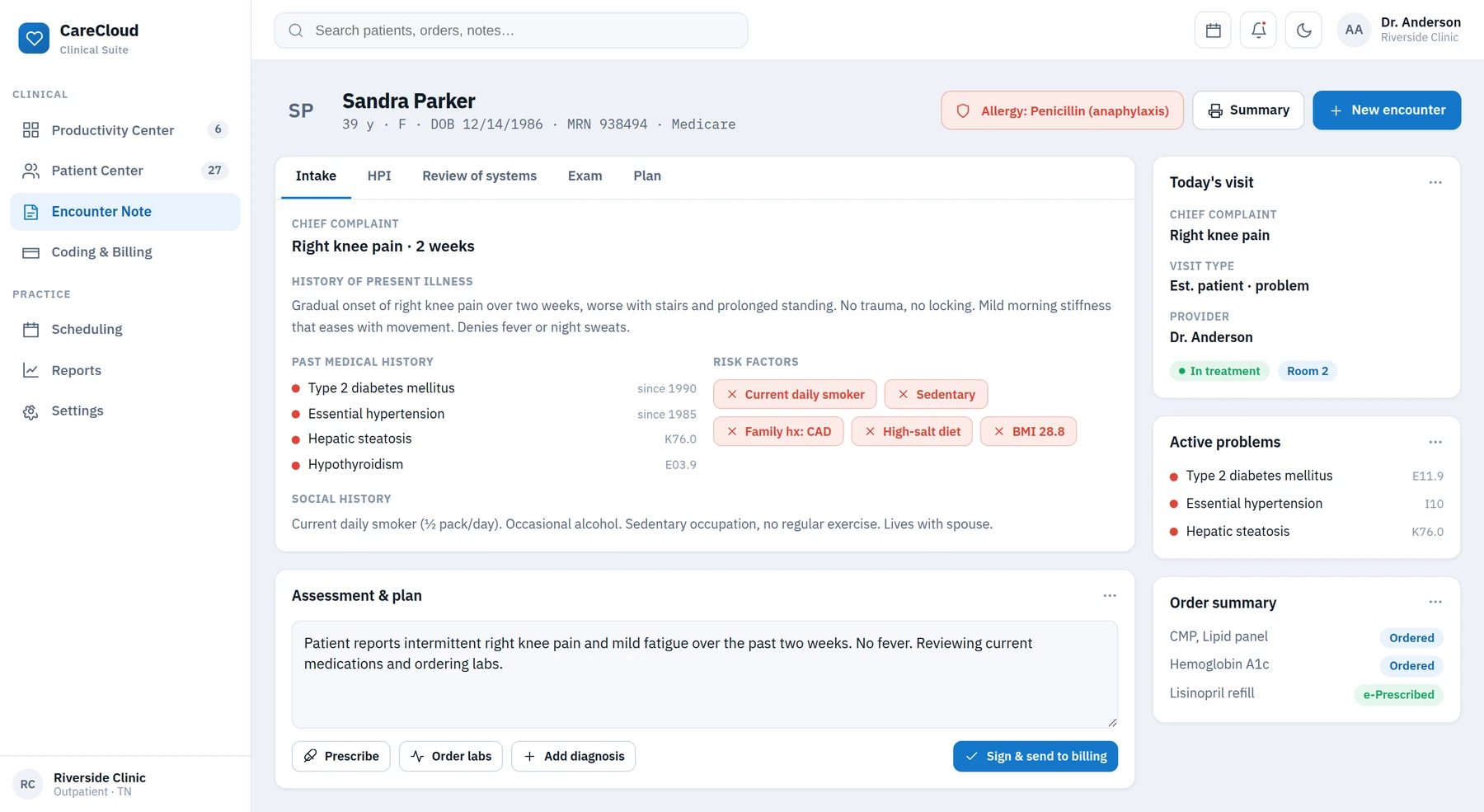 CareCloud: a new encounter with chief complaint, past medical history, risk factors and social history, with recommendations and orders in the right column