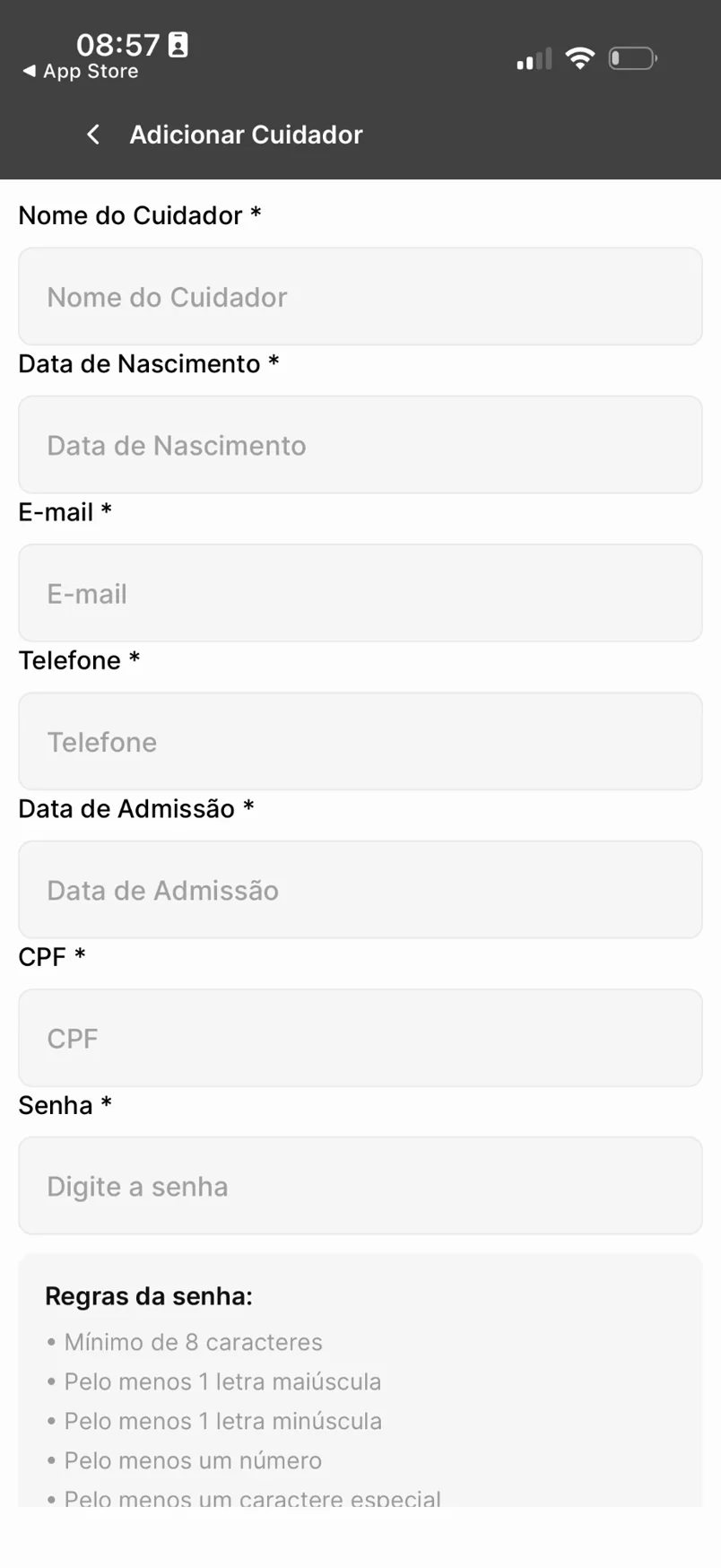 Old app: caregiver sign-up form with seven required fields and password rules