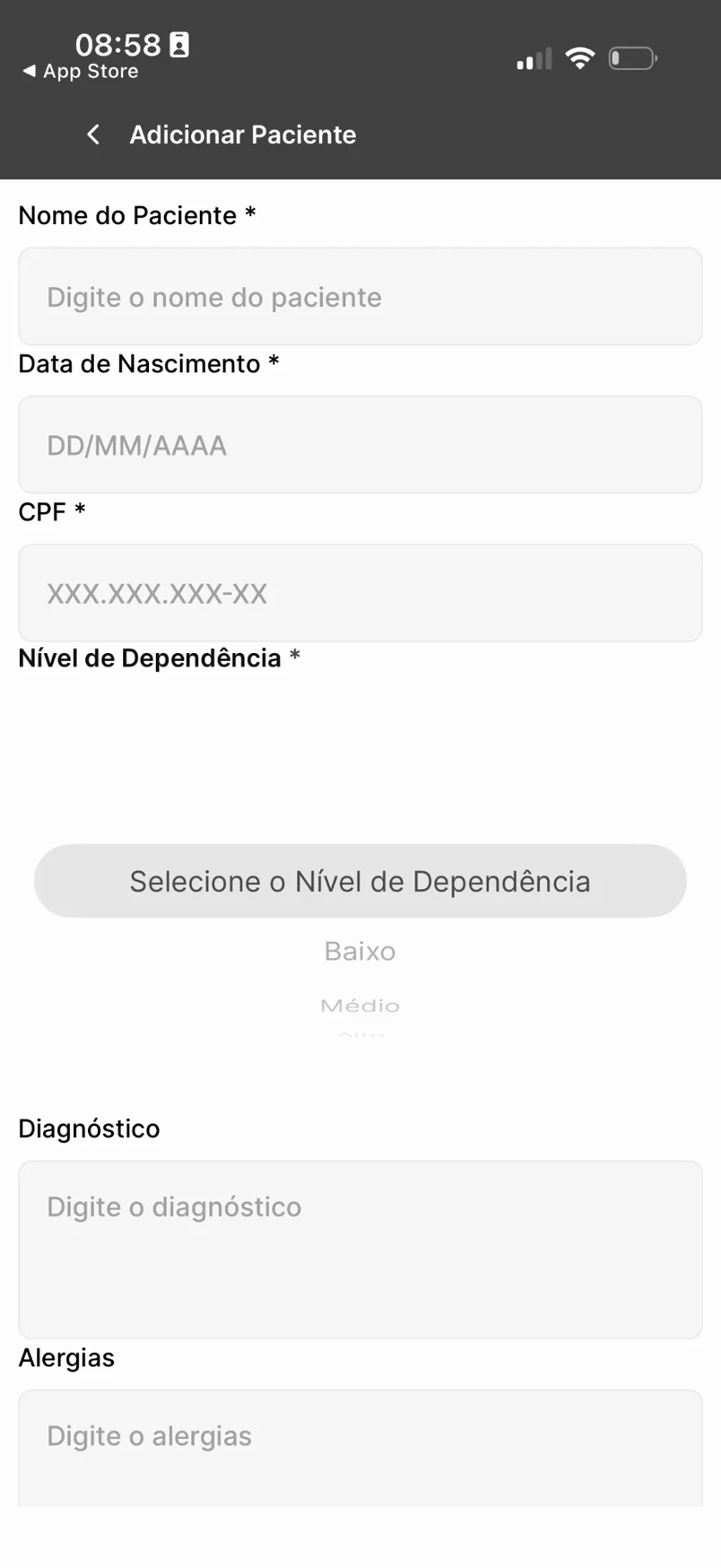 Old app: patient sign-up form with a dependency-level picker floating mid-screen