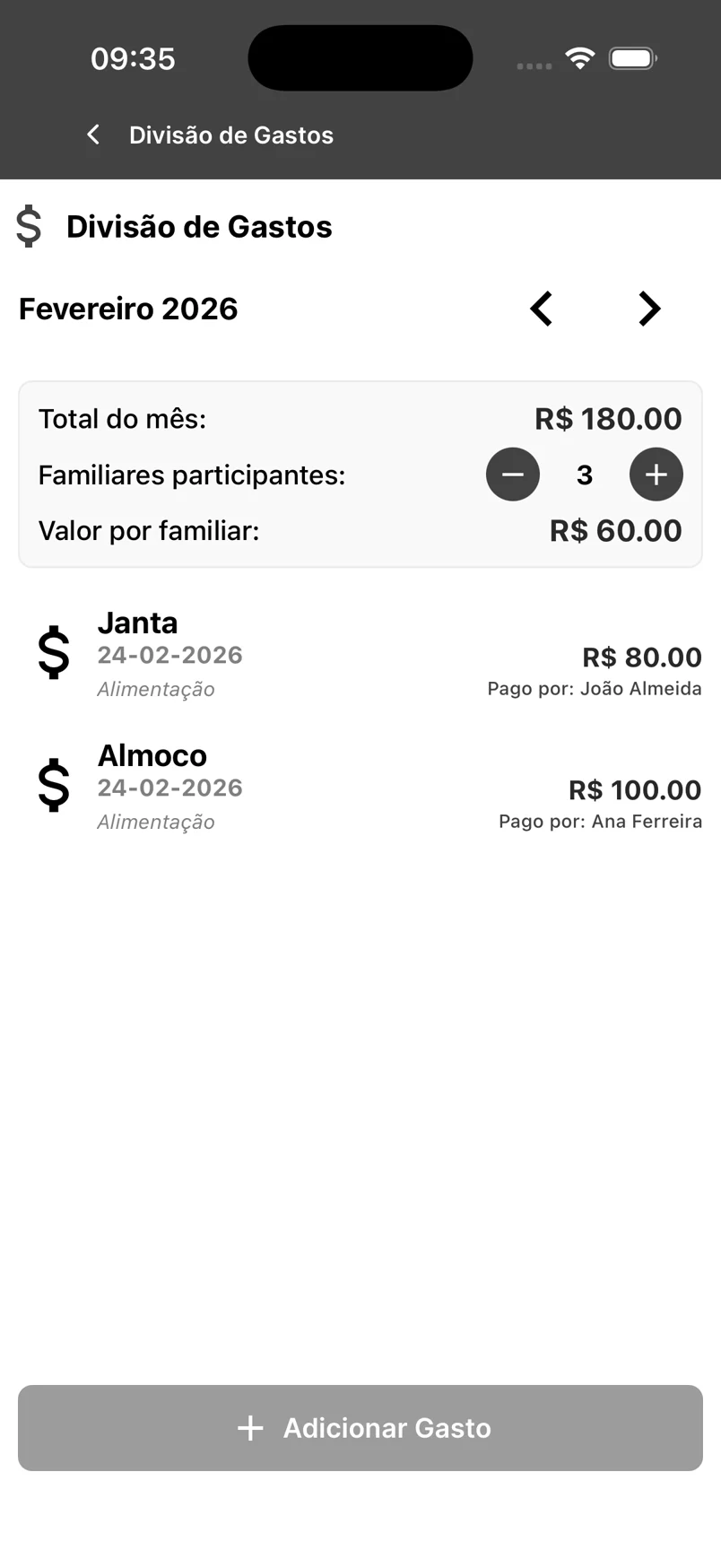Old app: expense split by flat amount, with no settlement between people