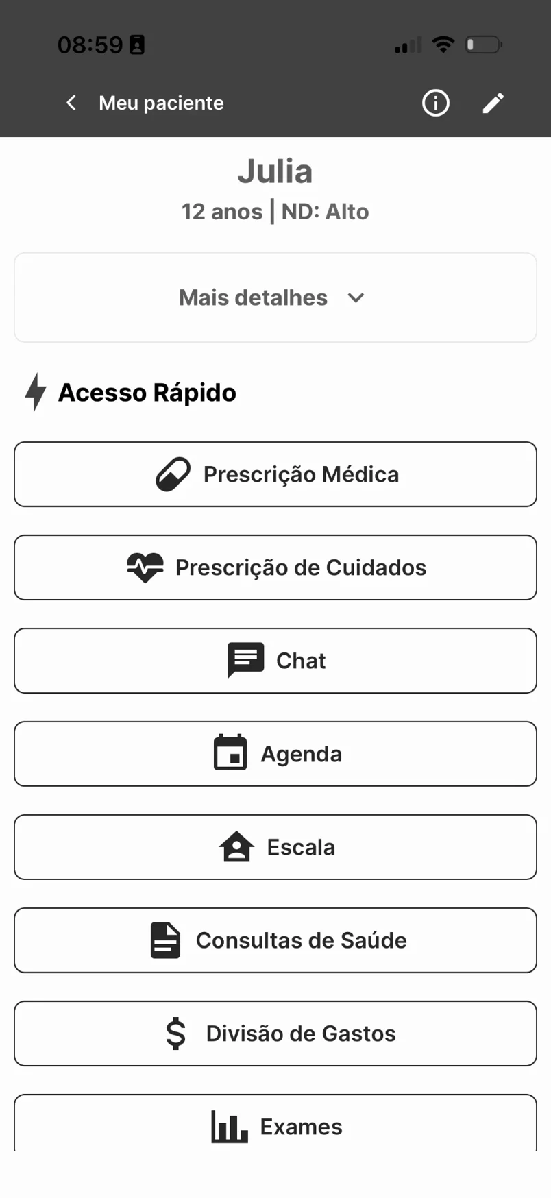 Old app: patient screen as a list of eight identical buttons with no hierarchy