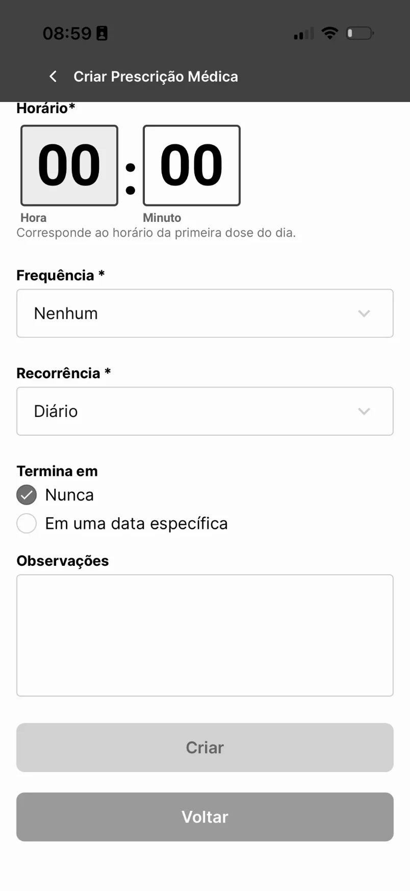 Old app: create-prescription form with a 00:00 clock and frequency “None”