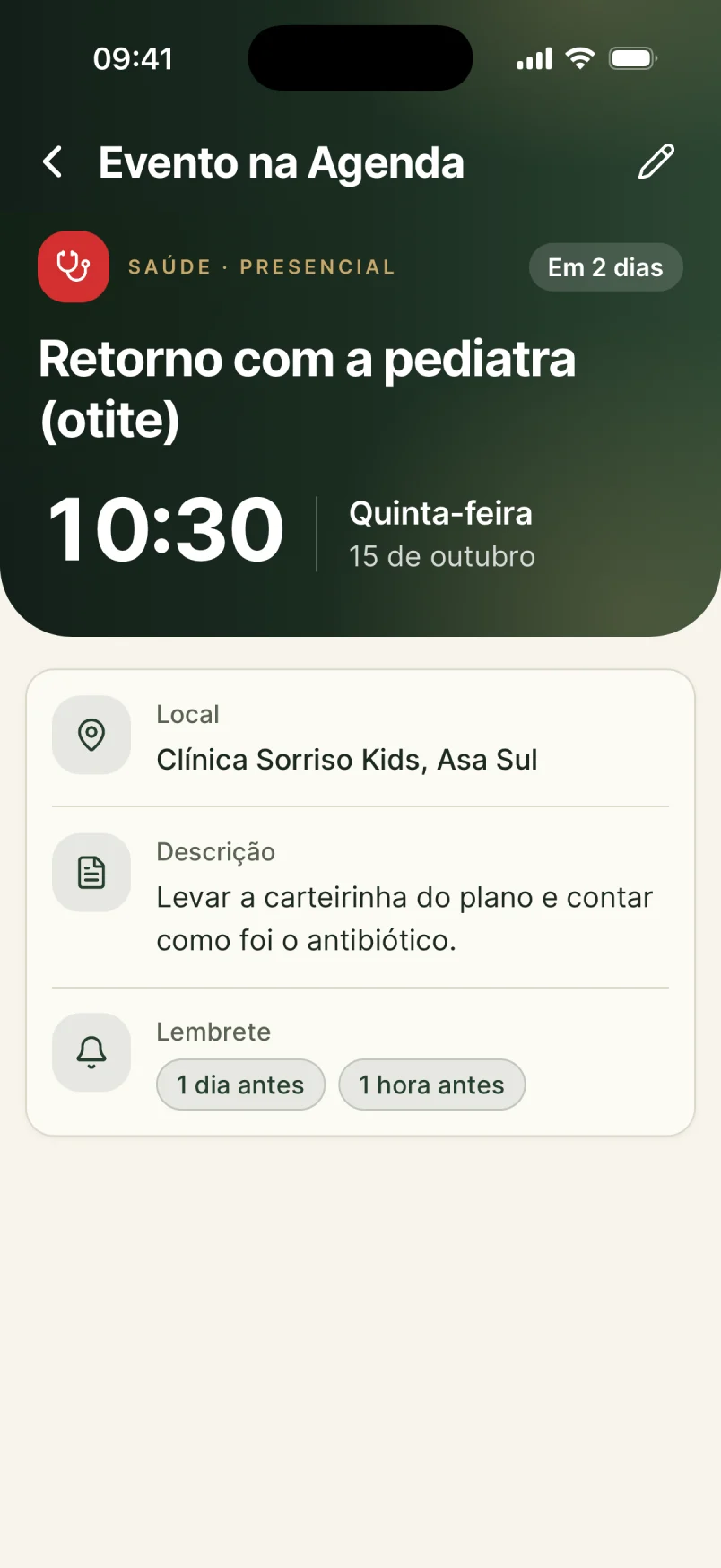 Agenda event in CuidaMe: pediatric follow-up with place, notes and reminders