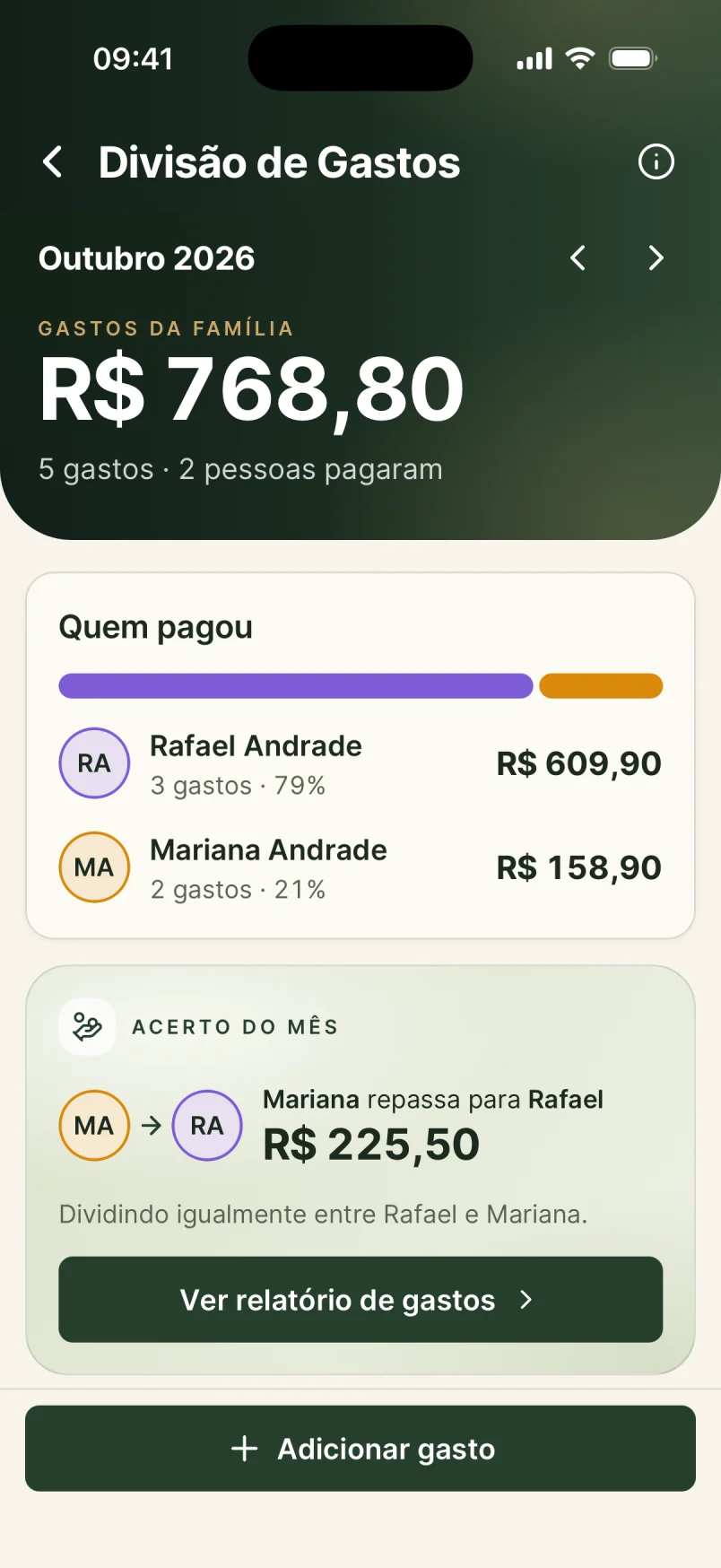 Tricount-style expense splitting in CuidaMe: who paid and the monthly settlement