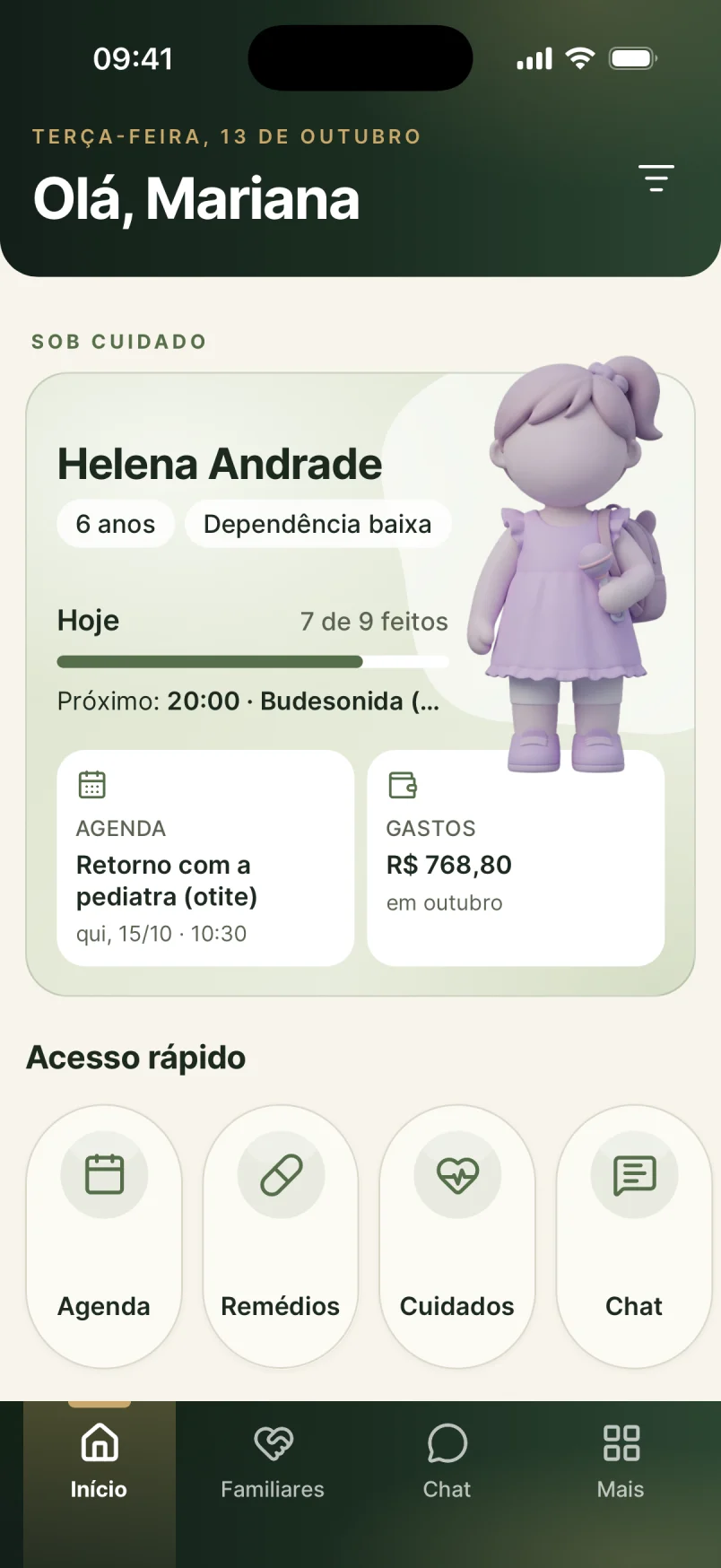 CuidaMe home: Helena’s card with today’s routine, agenda and expenses
