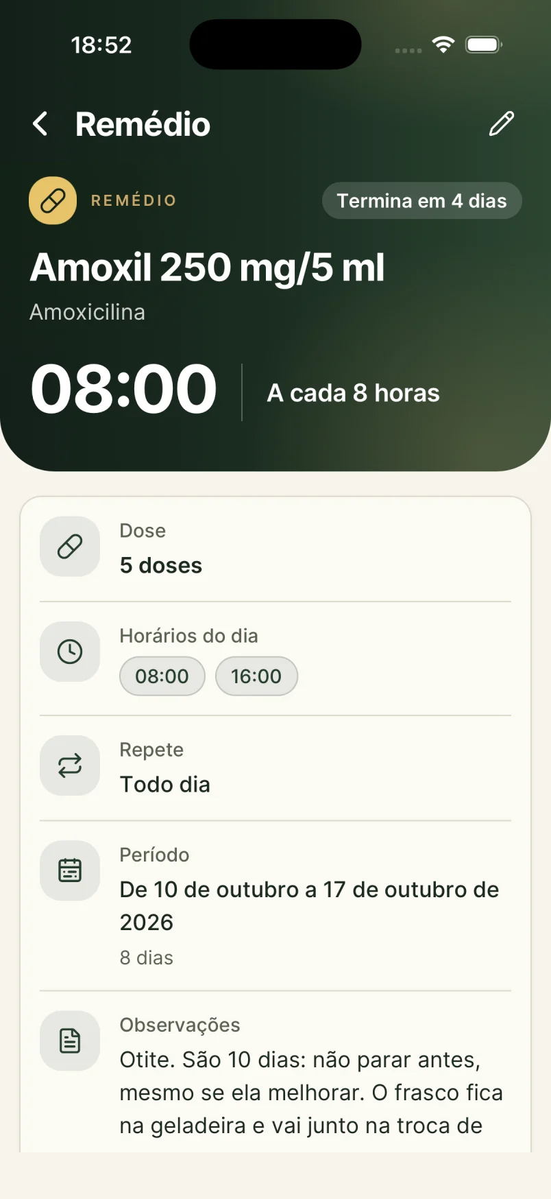 New app: medicine card with dose, times, period and notes
