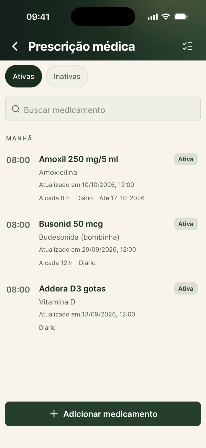 Medication prescriptions in CuidaMe: active medicines grouped by time of day