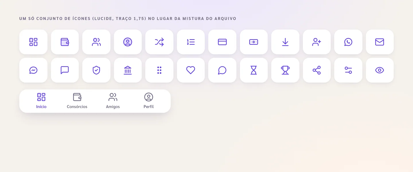 Vinte e quatro ícones de traço fino e a barra de navegação com Início, Consórcios, Amigos e Perfil