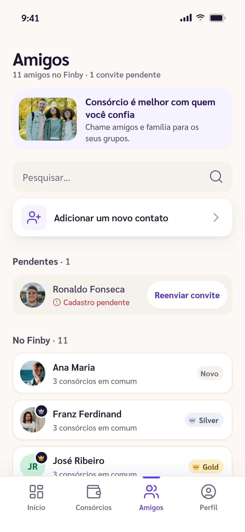 Amigos: lista com fotos, níveis e consórcios em comum