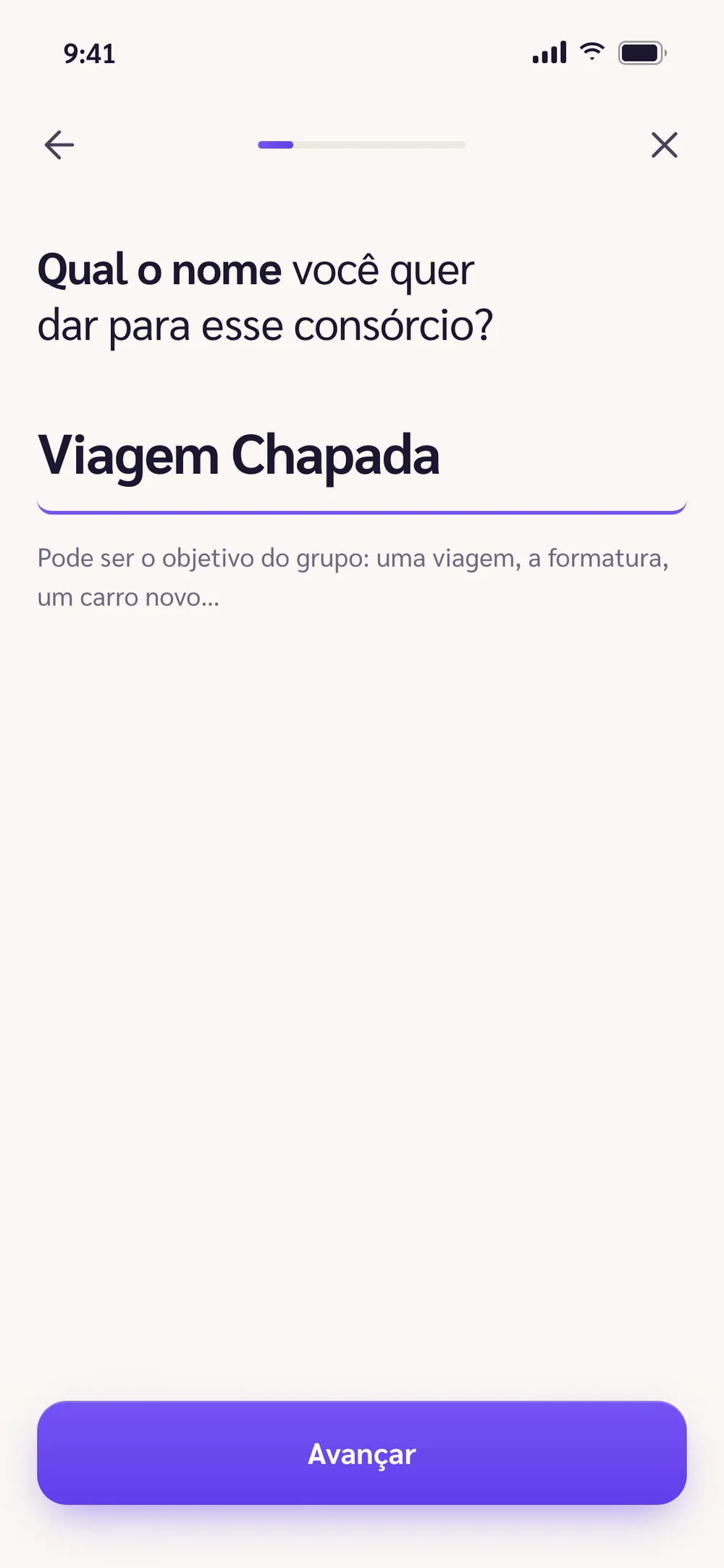 Qual o nome você quer dar para esse consórcio? Campo preenchido com Viagem Chapada e uma dica abaixo