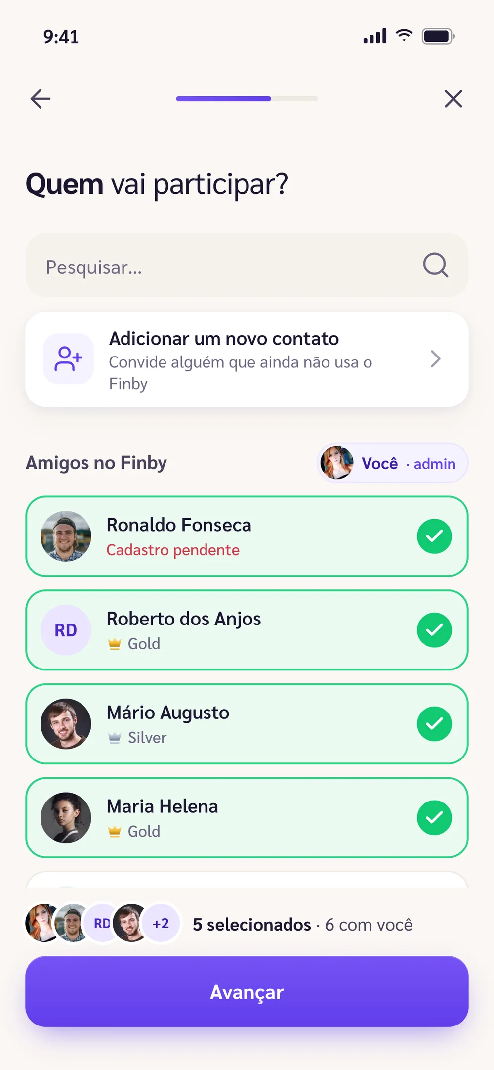 Quem vai participar no protótipo: busca, lista de amigos com fotos e coroas de nível, selecionados em fundo menta com check verde