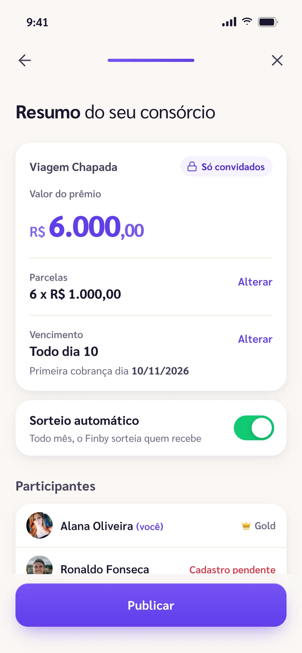 Resumo do consórcio antes de publicar: prêmio, parcela, participantes e vencimento