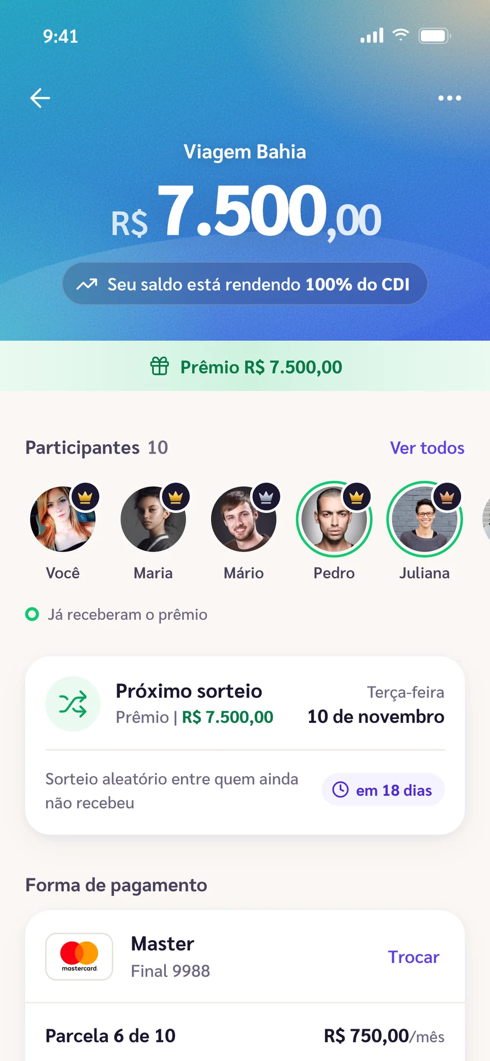 Detalhe do consórcio Viagem Bahia no protótipo: cabeçalho com o tema oceano, prêmio, próximo sorteio, participantes e pagamento