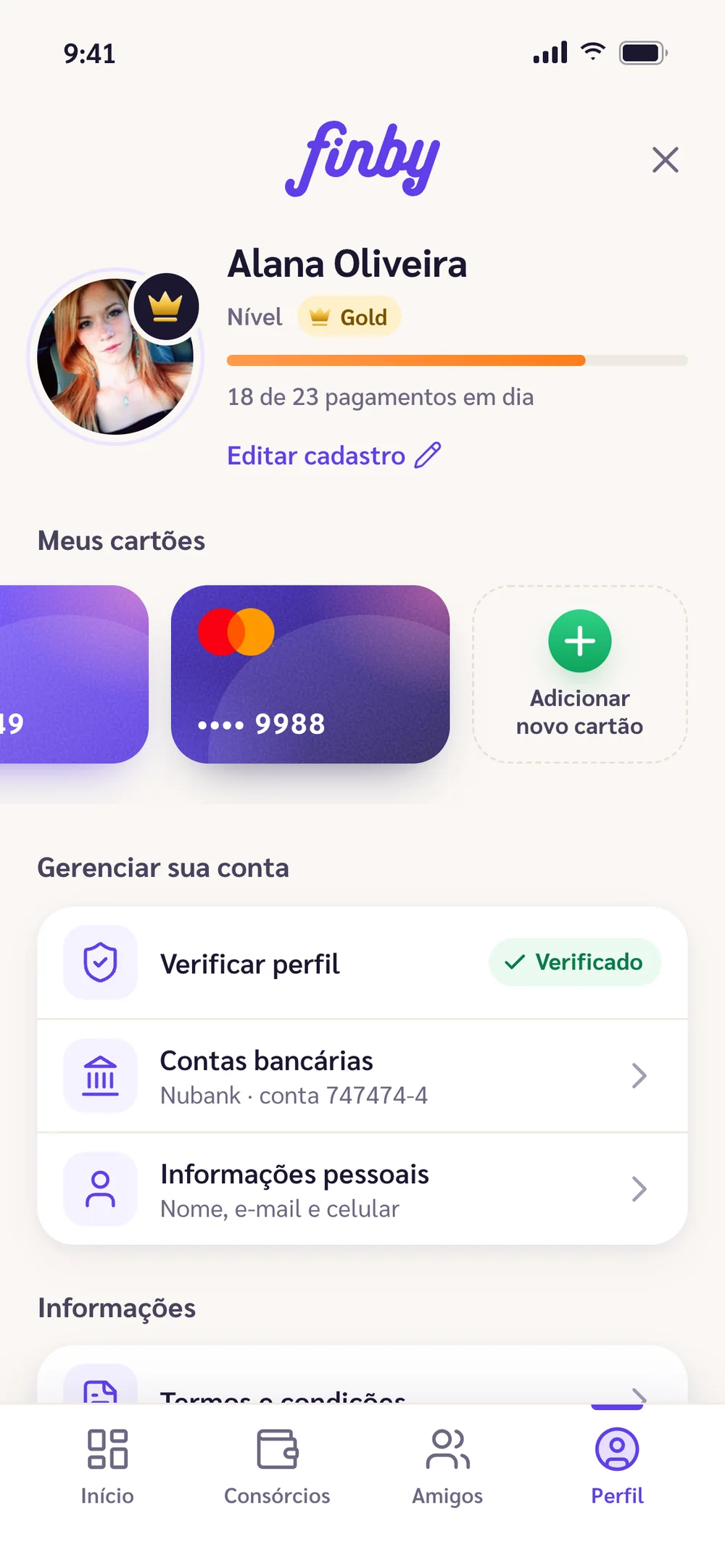 Perfil: foto, nível Gold, 18 de 23 pagamentos em dia, cartões e gerenciar conta