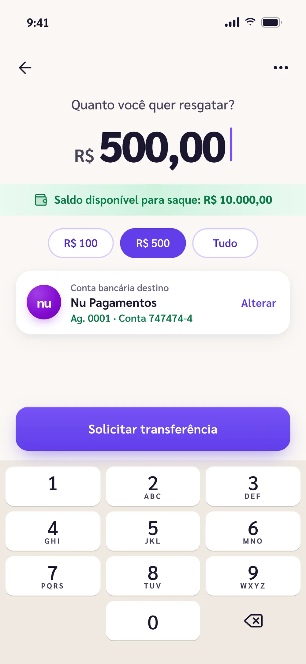 Saque no protótipo: valor de R$ 500,00, saldo disponível, conta de destino e teclado numérico