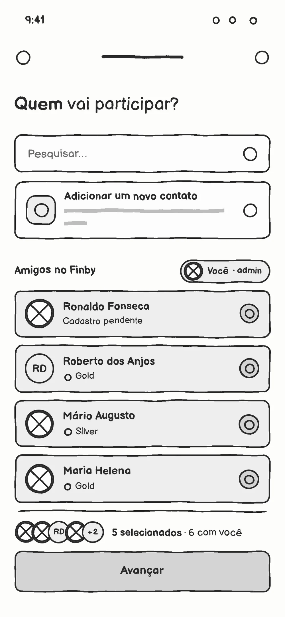 Wireframe de Quem vai participar: busca, adicionar um novo contato, lista de amigos com caixas de seleção e rodapé com selecionados e Avançar
