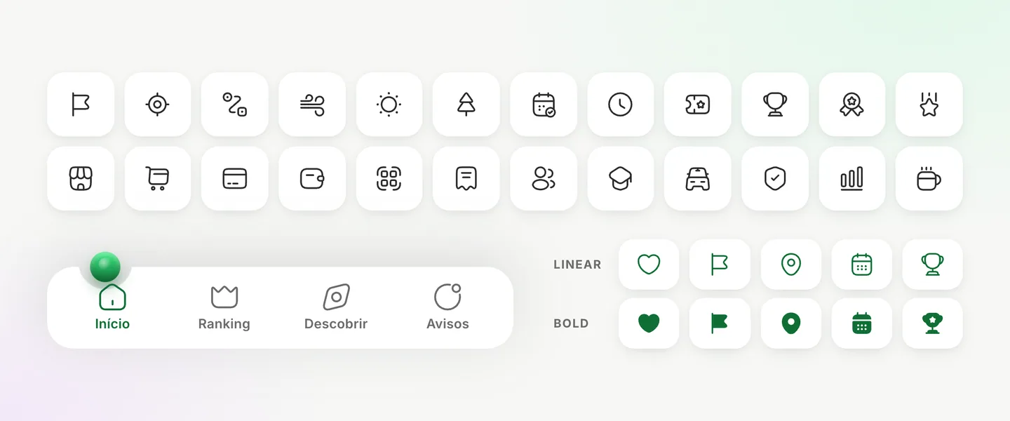 24 Iconsax Linear icons from the app, the tab bar with the green ball over Home, and five icons in Linear and Bold