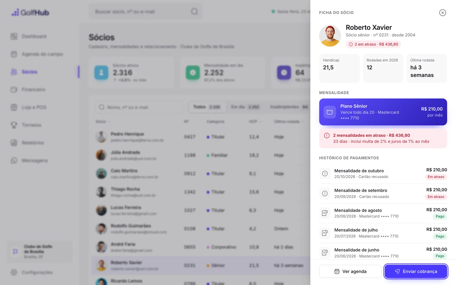 Member record for Roberto Xavier open over the member list: handicap, rounds this year, senior plan, two overdue monthly fees, payment history and the Enviar cobrança button