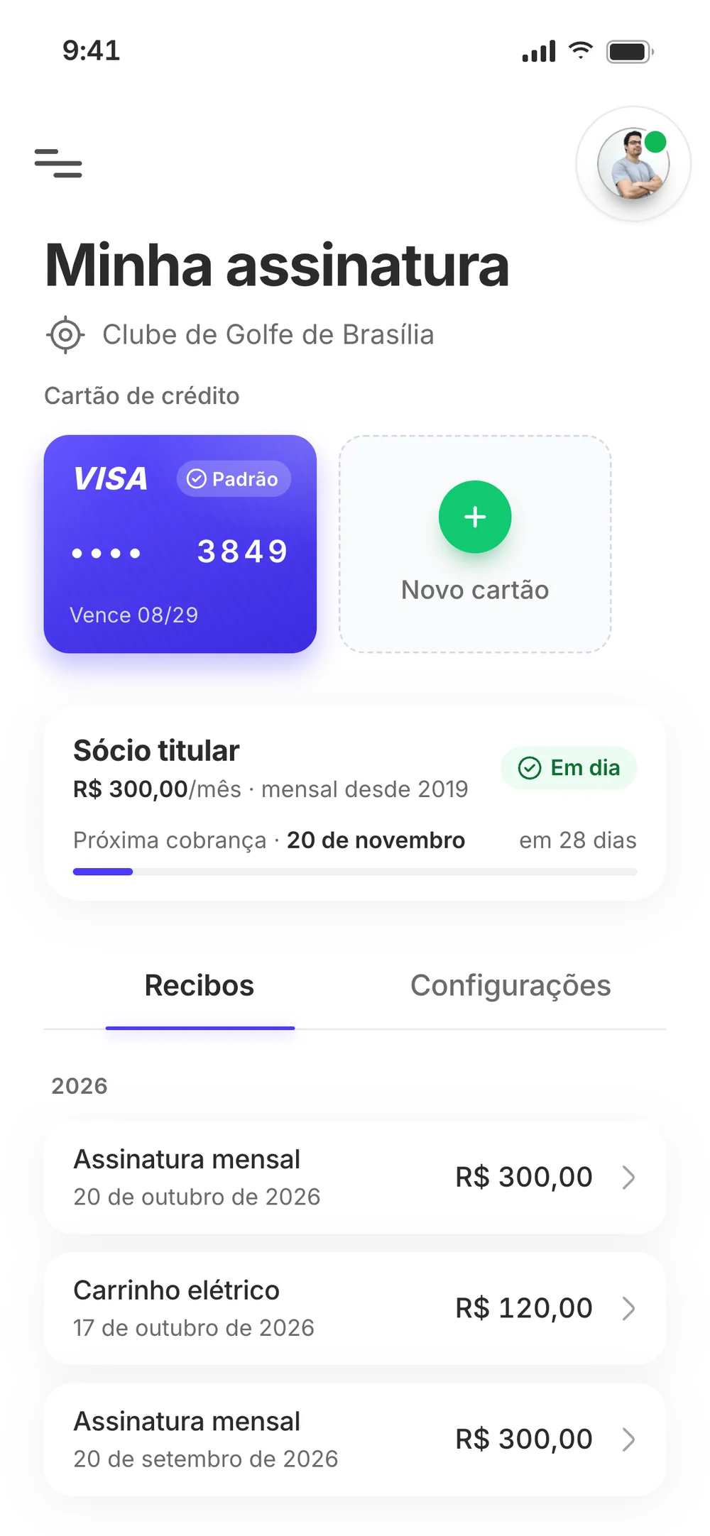Minha assinatura in the prototype: a Visa card with its expiry date and the Padrão (default) badge, the full membership plan with the next charge and R$ 300,00 receipts grouped by year