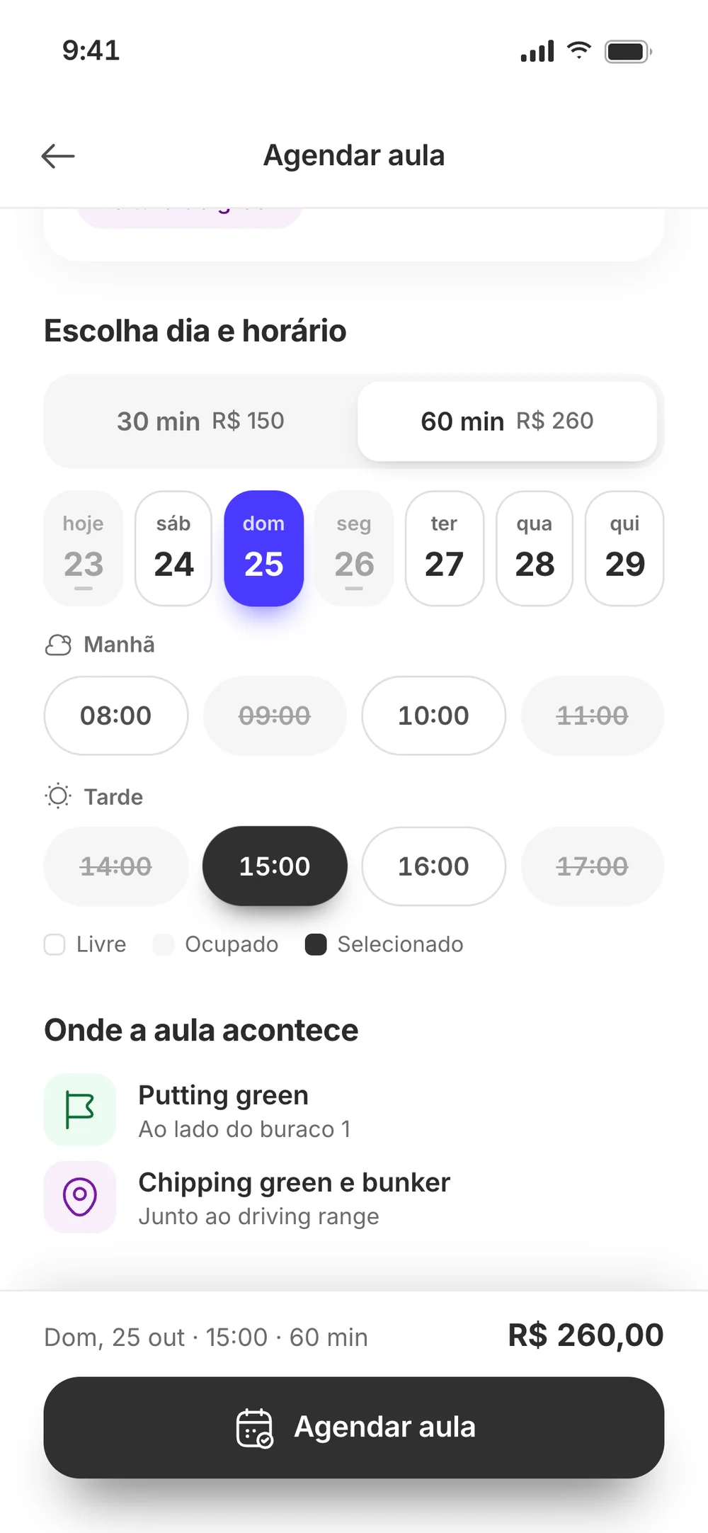 Book a lesson: 30 or 60 minutes, days of the week, morning and afternoon times with 15:00 selected, where the lesson happens and the R$ 260,00 total