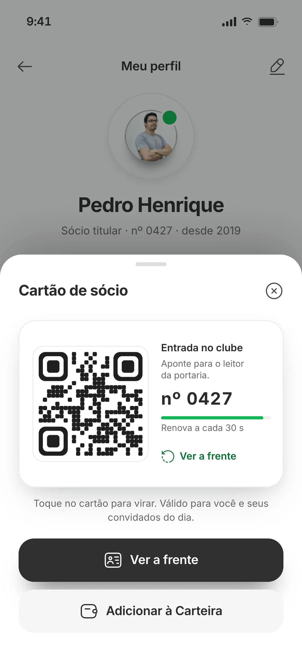 Back of the member card: the club entry QR code with member number 0427, renewed every 30 seconds