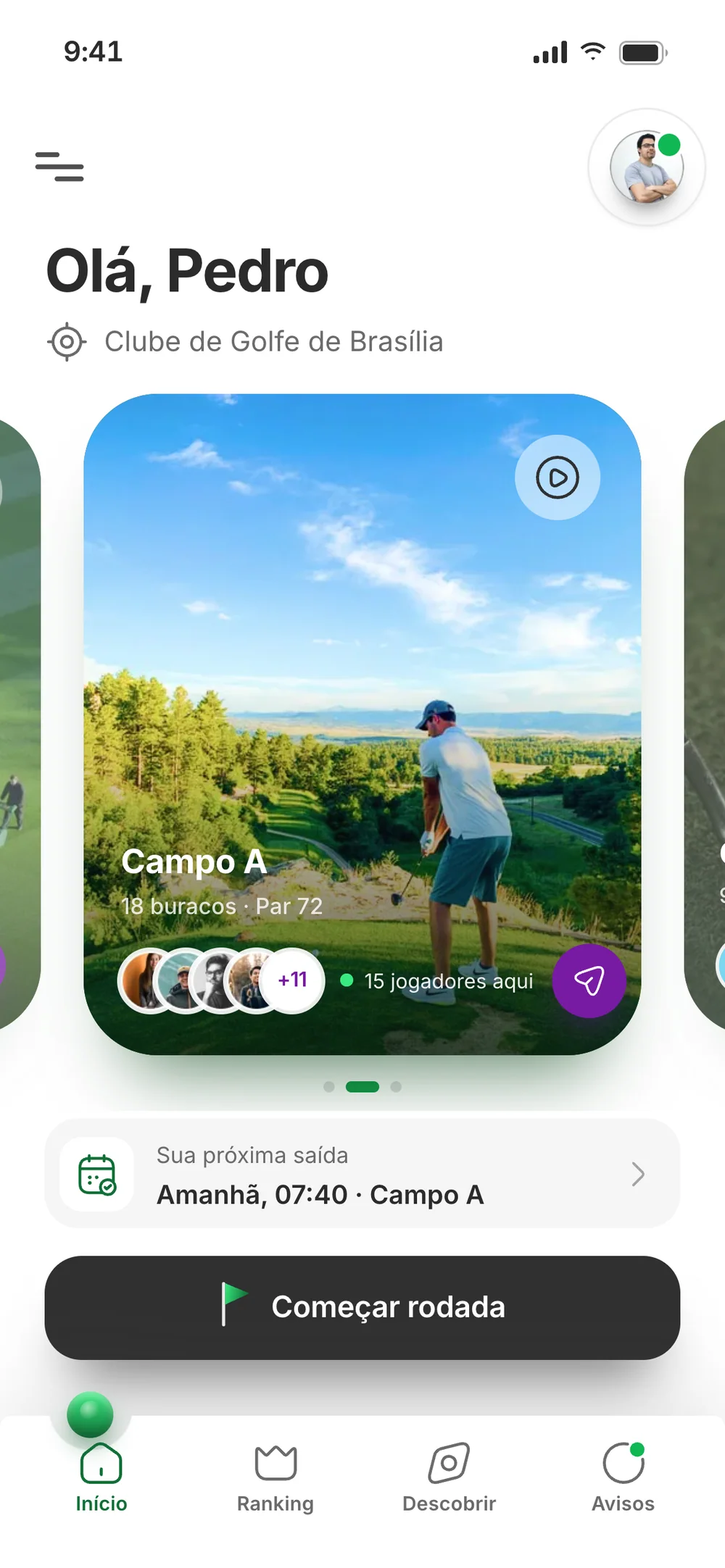 Home in the prototype: Olá, Pedro, a Campo A card with 18 holes and par 72, who is playing, the next booked tee time and a labelled tab bar