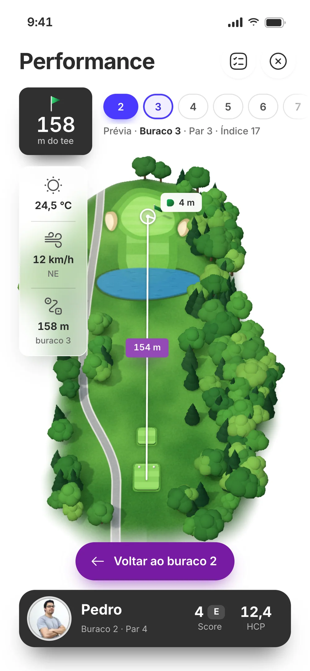 Preview of hole 3, a 158 m par 3: the shot line leaves the tee and carries a lake to the green