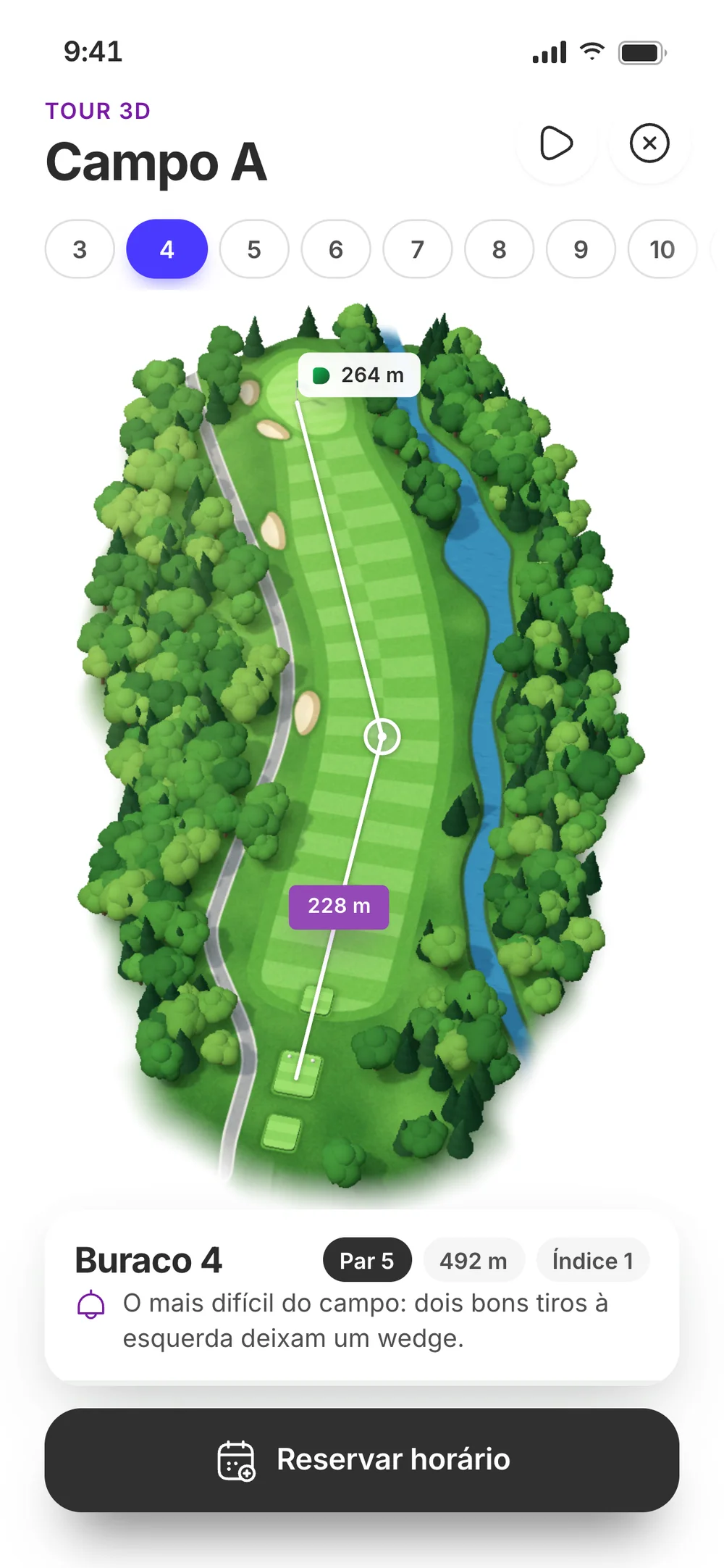 3D tour of Campo A on hole 4, a 492 m par 5: a curving fairway between trees and a creek, with the hole card and the Reservar horário button