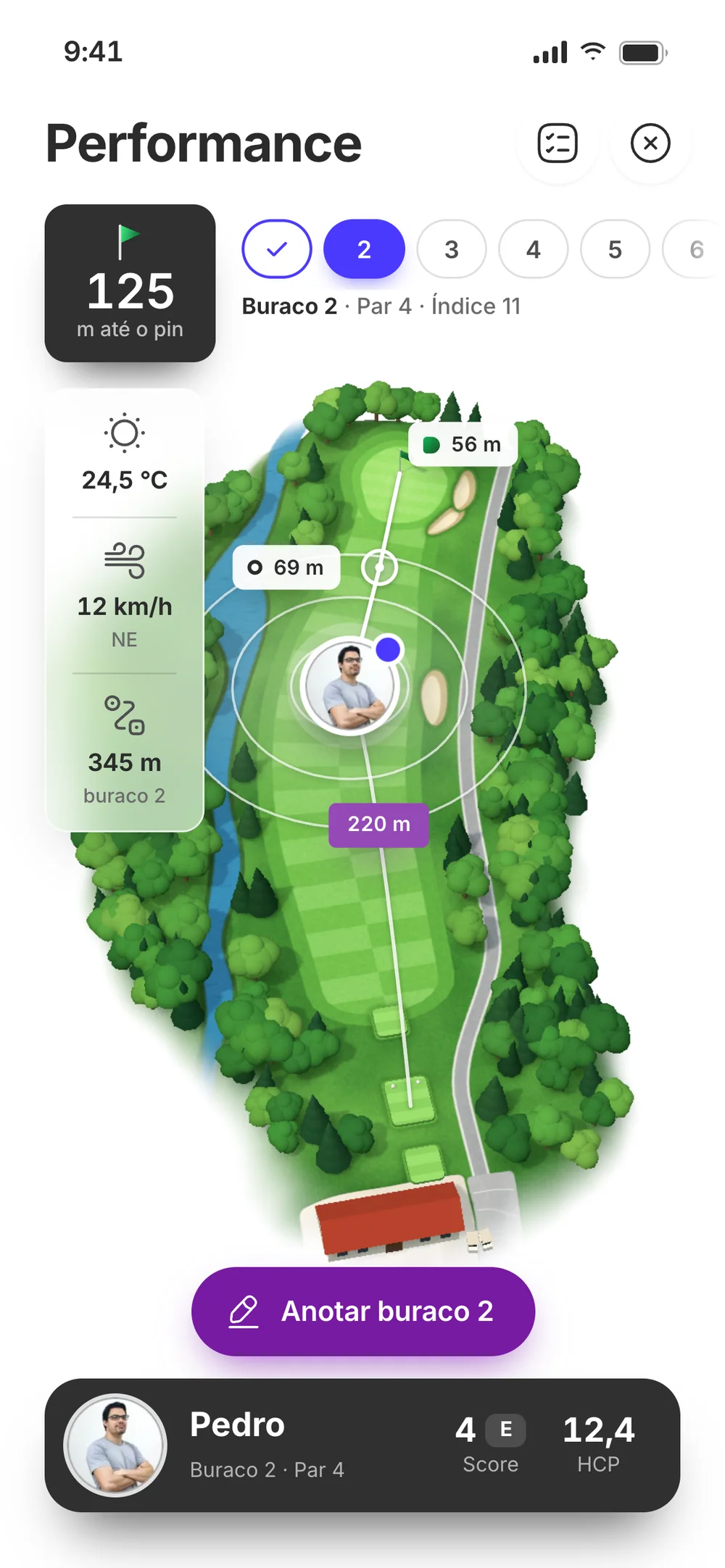 Hole 2 in 3D in the prototype: the player’s avatar, distance rings, the drive’s arc, 125 m to the flag, weather with wind and the Anotar buraco 2 button