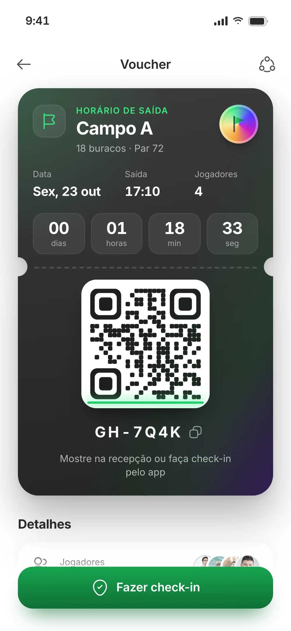 Tee time voucher for Campo A with a countdown, QR code, booking code and the Fazer check-in button