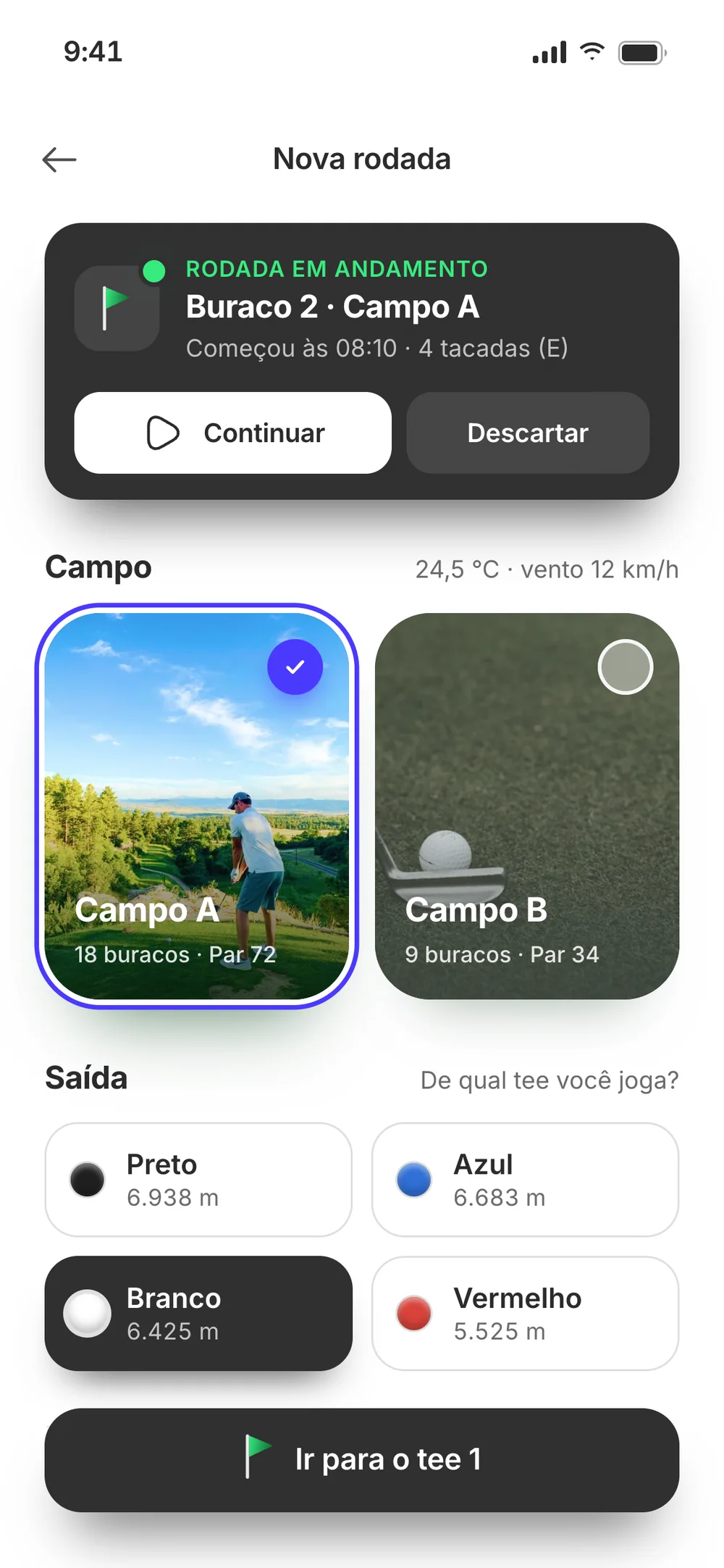 New round with a Round in progress notice on hole 2 of Campo A and the Continuar and Descartar buttons