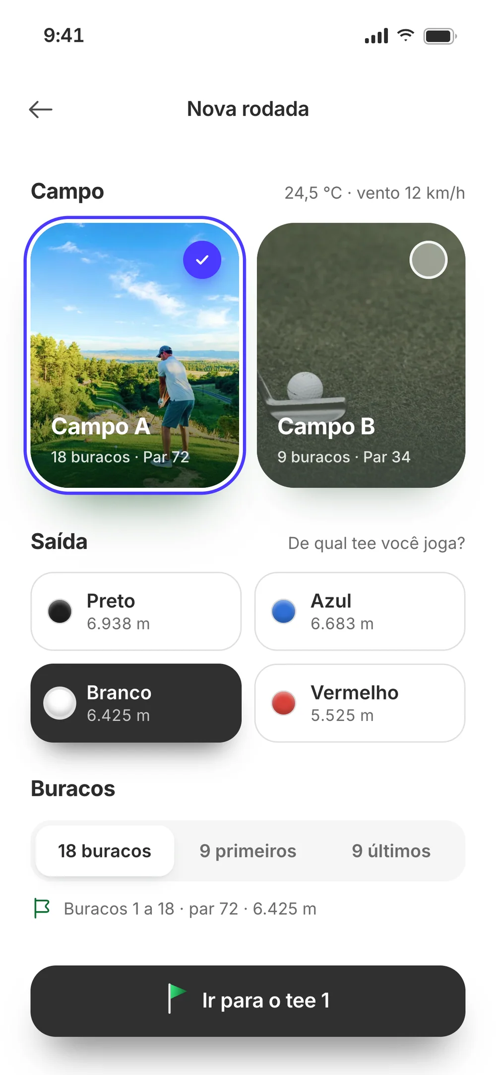 New round: Campo A selected, the 6,425 m white tee, 18 holes and the Ir para o tee 1 button