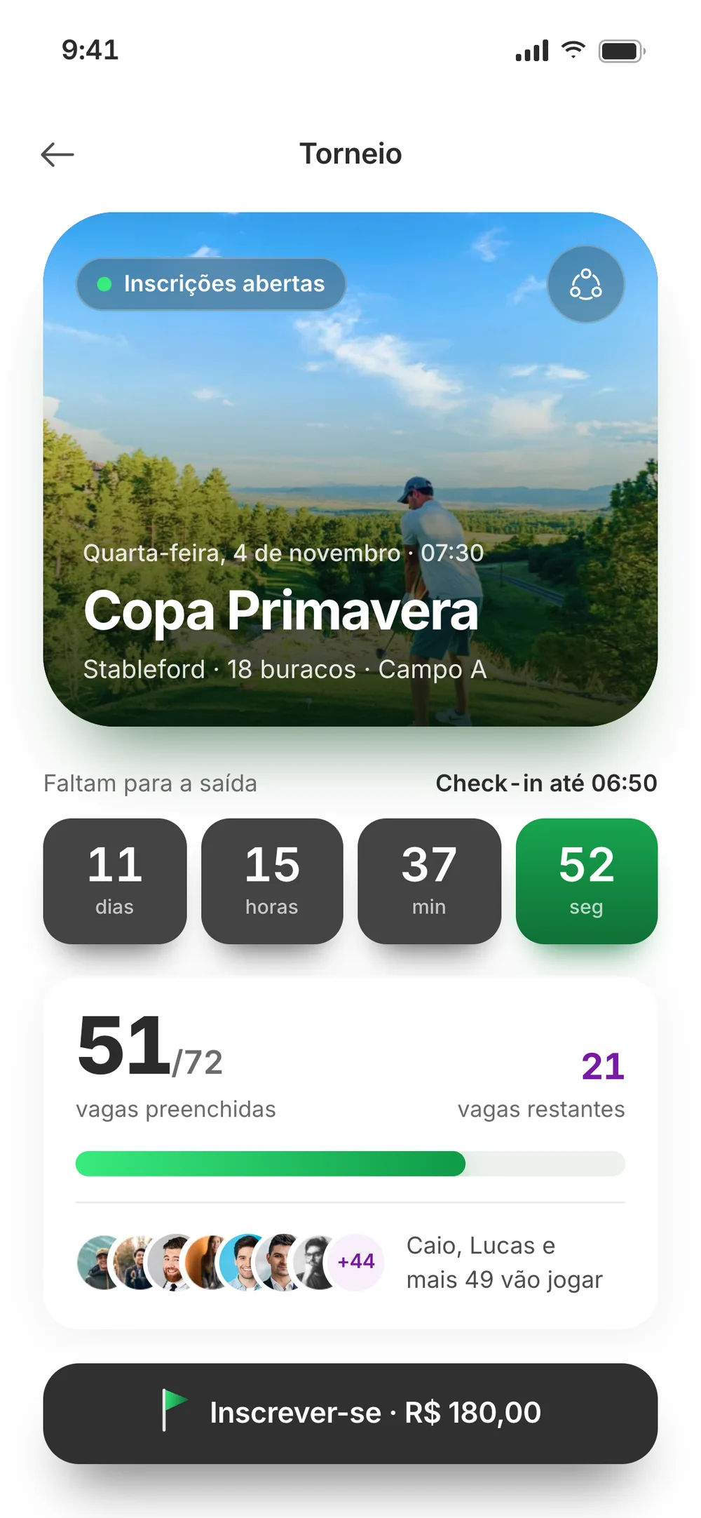 Copa Primavera, 18-hole Stableford on Campo A: a countdown, 51 of 72 spots taken, who is playing and the Inscrever-se button for R$ 180,00