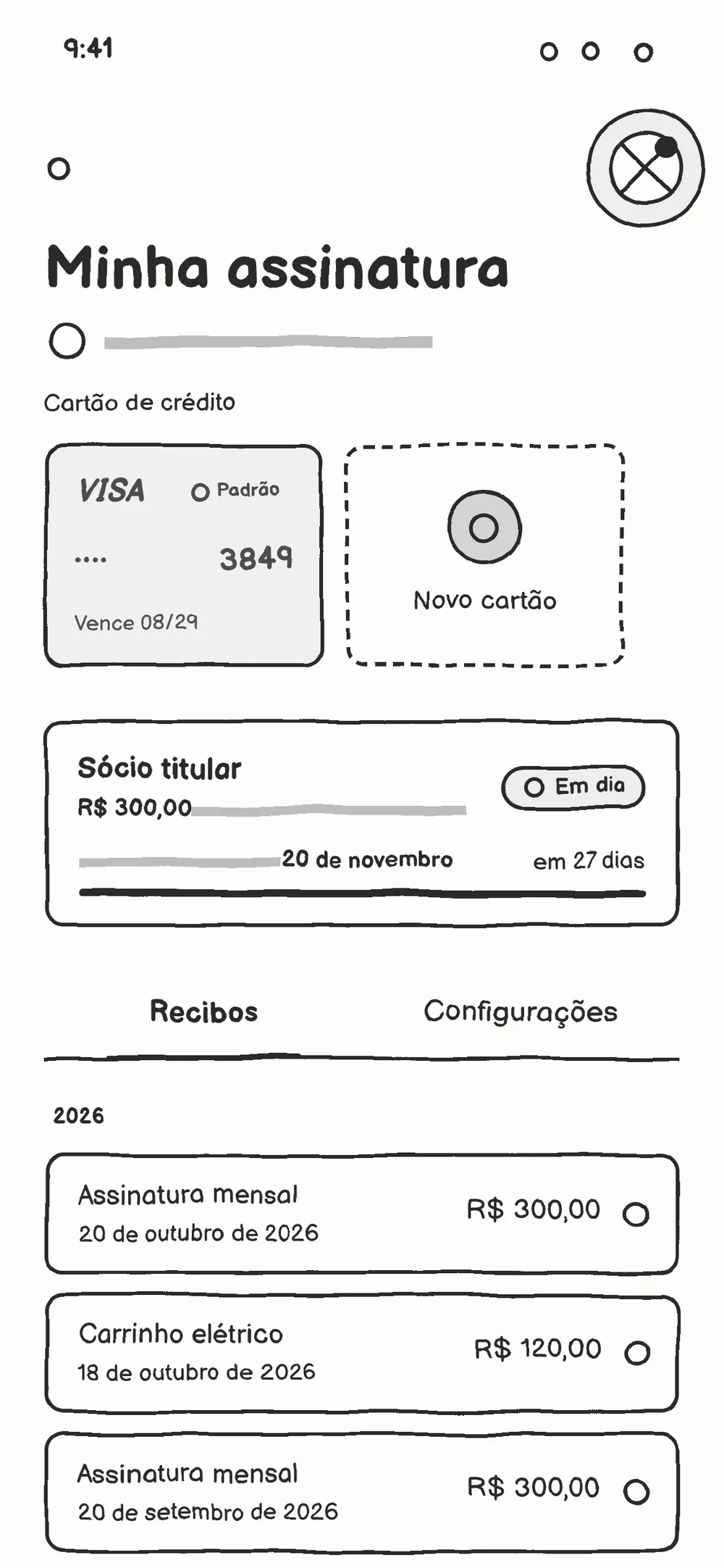 Membership wireframe: the card as a box, the plan block, tabs and the list of receipts