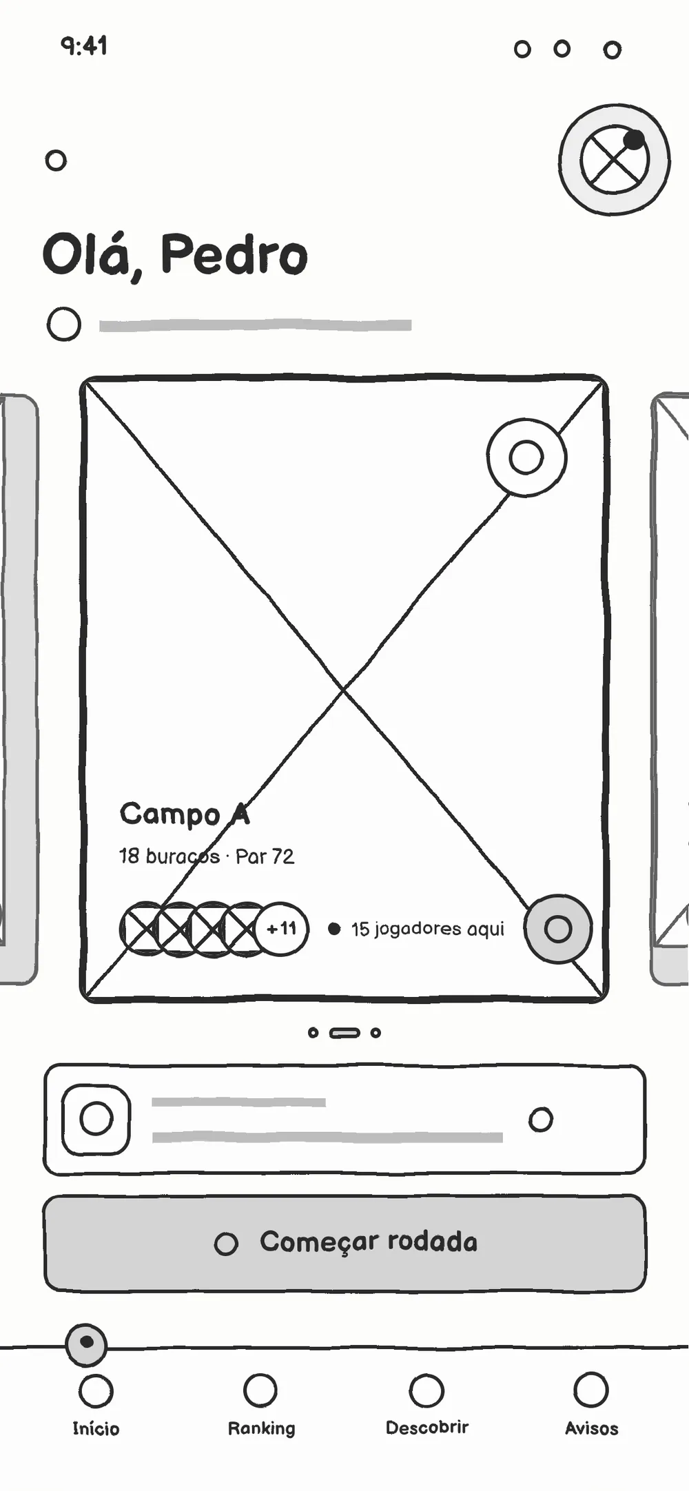 Home wireframe: greeting, a course card with the photo as a box, next tee time, the Começar rodada button and the tab bar