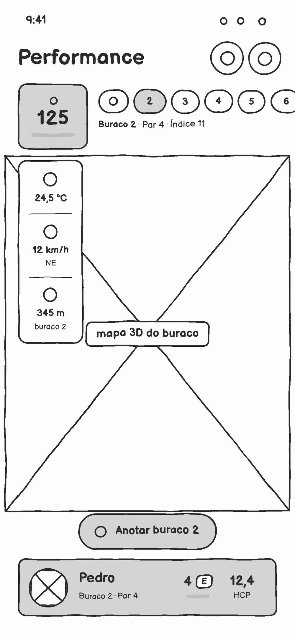 Hole wireframe: the map as a large box, weather in a side column, the Anotar buraco 2 button and the player bar