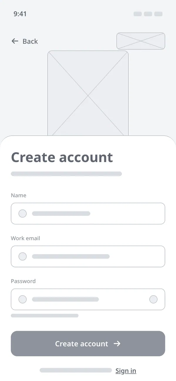 Create account wireframe: illustration area, three labelled fields, a Create account button and a Sign in link