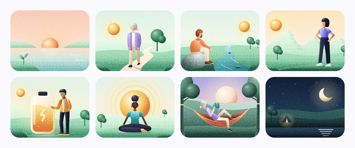 Eight grainy landscapes over green hills, from dawn to night: the sun rising over a lake with a sprout, a silver-haired woman on a path, a bearded man sitting on a rock by the river, a woman with hands on hips facing a ridge, a man beside a glass battery, a woman meditating before the sun, the same silver-haired woman reading in a hammock under the rising moon and a crescent over a lit tent