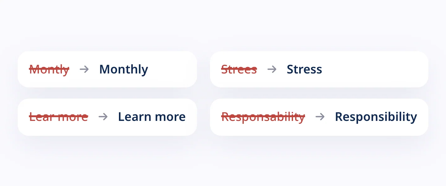 Four copy fixes: Montly to Monthly, Strees to Stress, Lear more to Learn more and Responsability to Responsibility