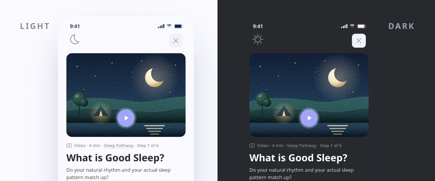 The sleep pathway player side by side in light and dark themes, with the scene of the moon over the sea