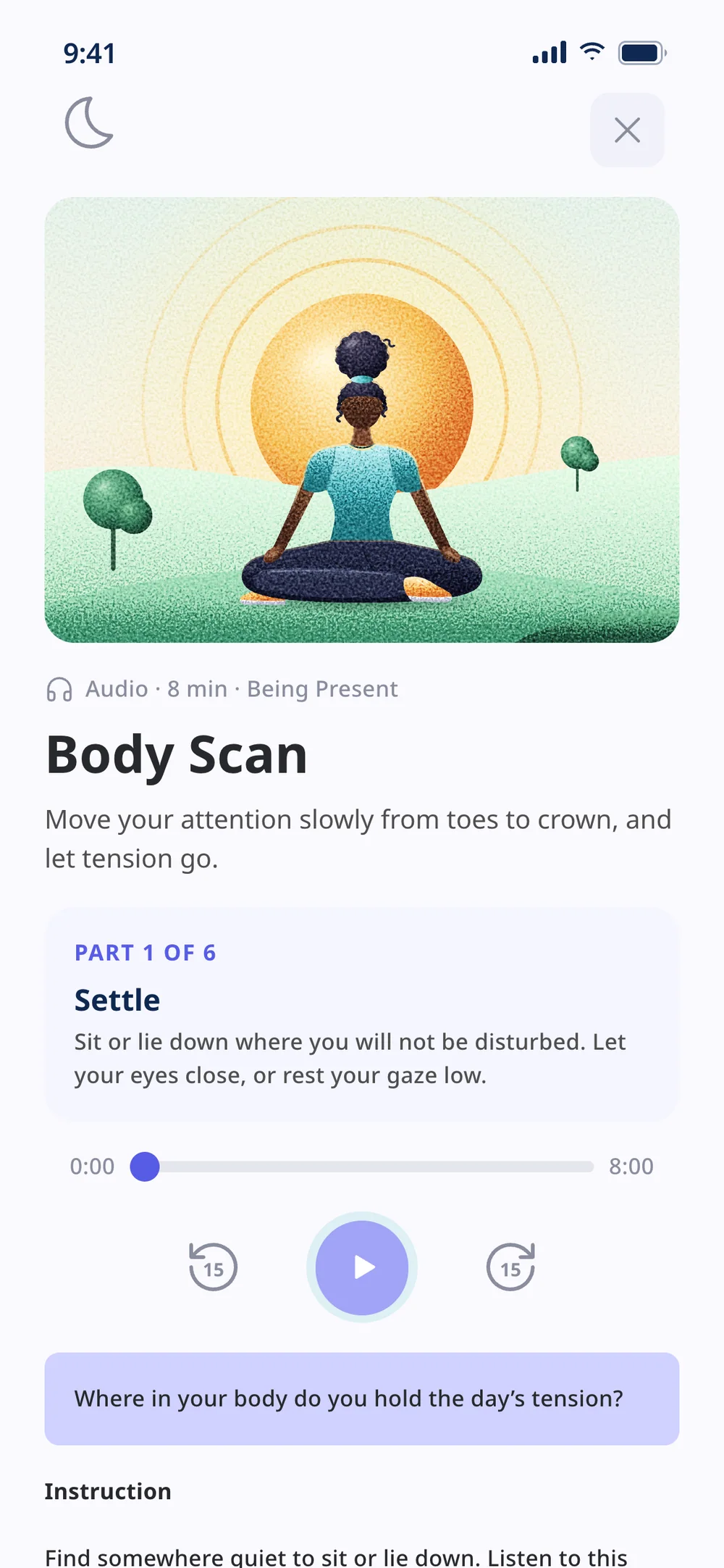 Body Scan: a woman meditating before the sun, an audio player and the Settle part