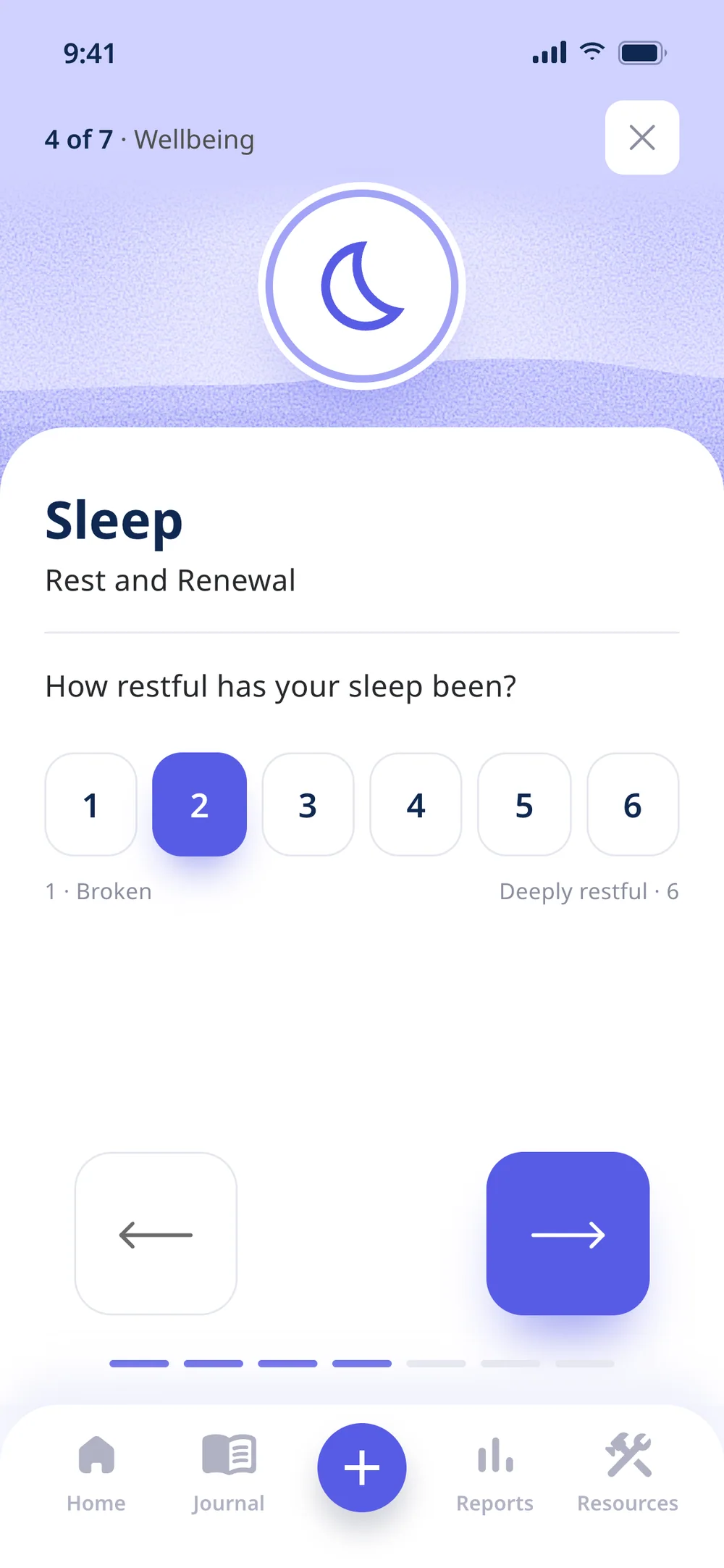 Check-in: a moon icon and a sleep question on a 1 to 6 scale, from Broken to Deeply restful, at question 4 of 7