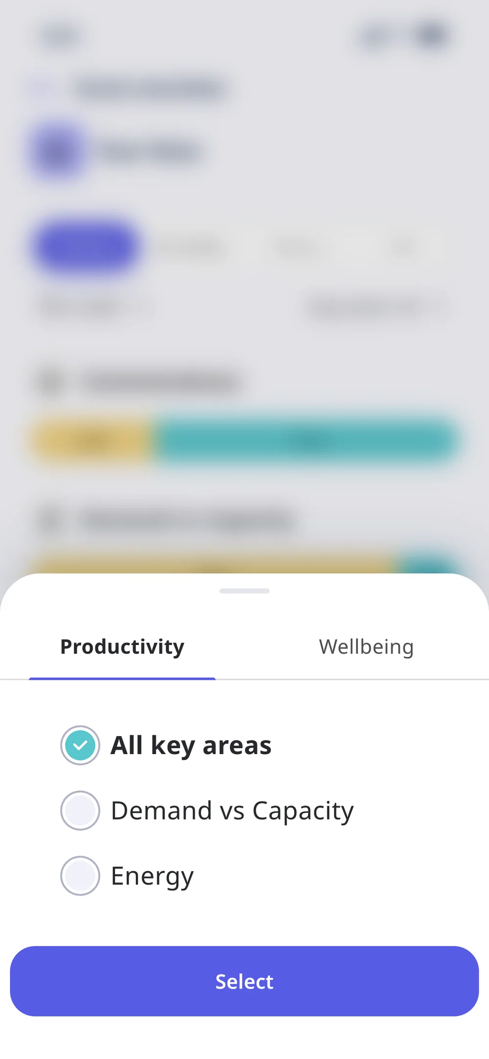 Your Data with the areas bottom sheet open: Productivity or Wellbeing, All key areas, Demand vs Capacity and Energy