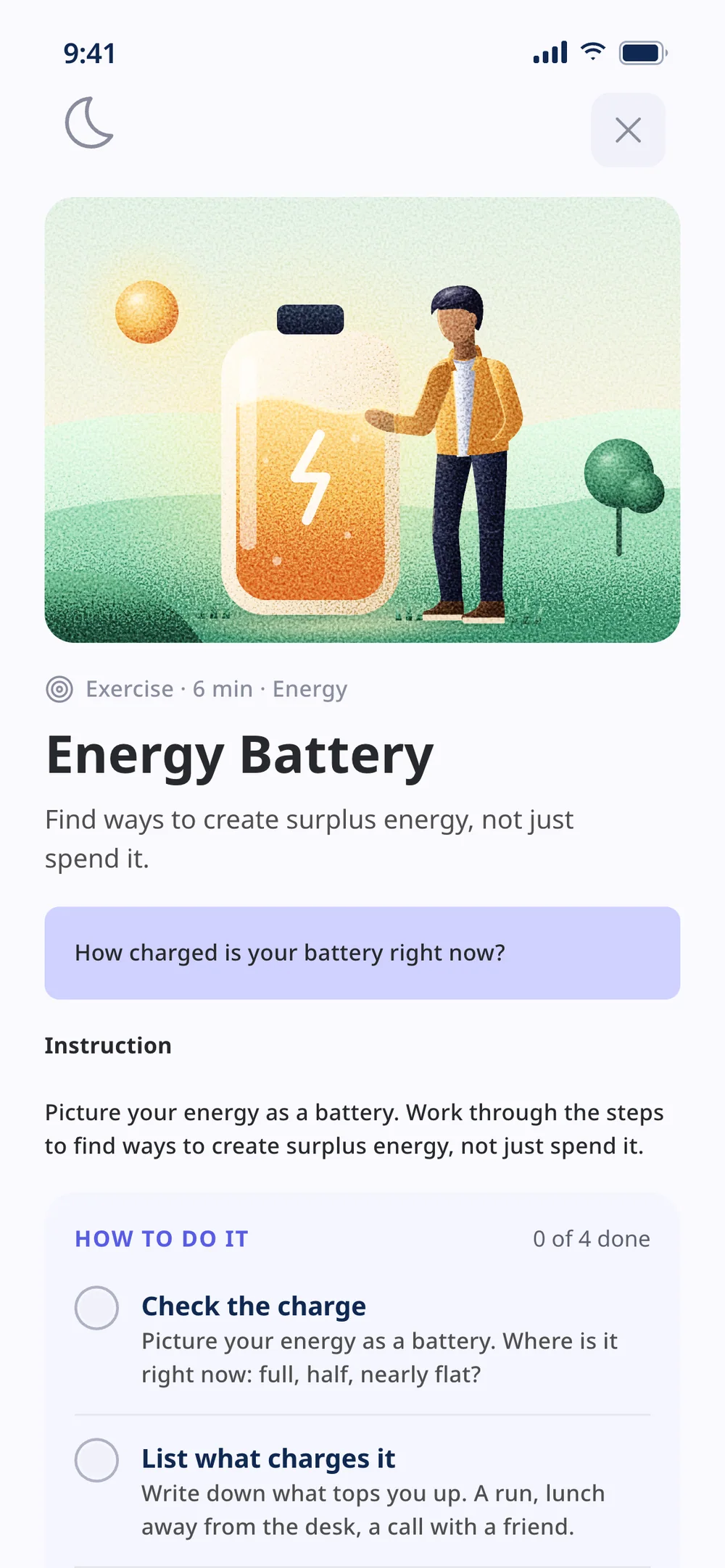 Energy Battery: a man beside a charging glass battery and the list of what charges and drains it